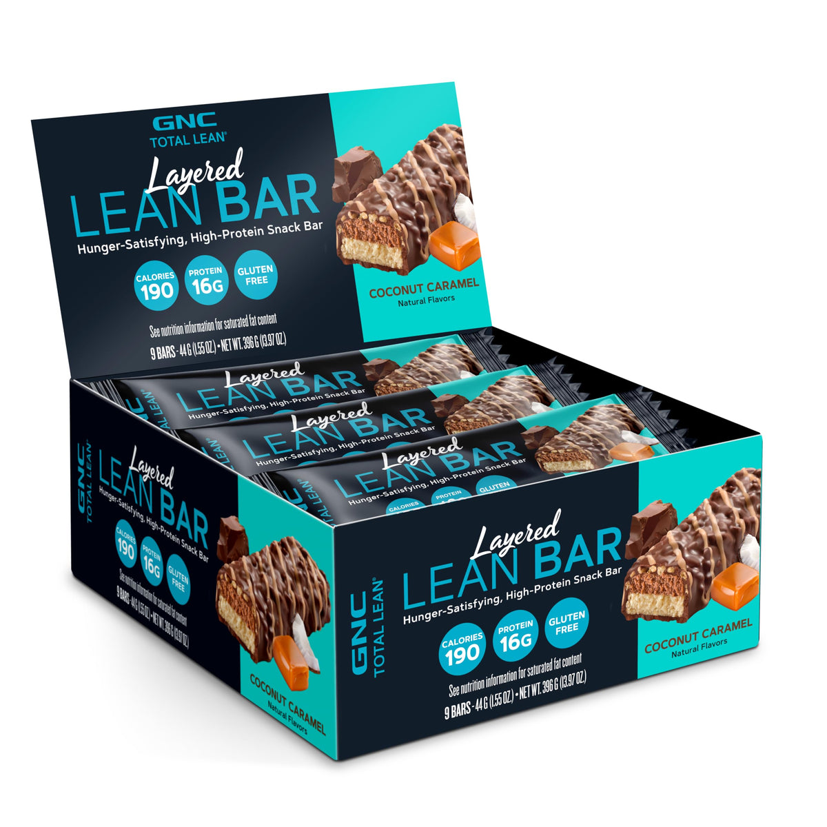 GNC Total Lean Barre à couches Coco Caramel, collation protéinée pratique et gourmande.