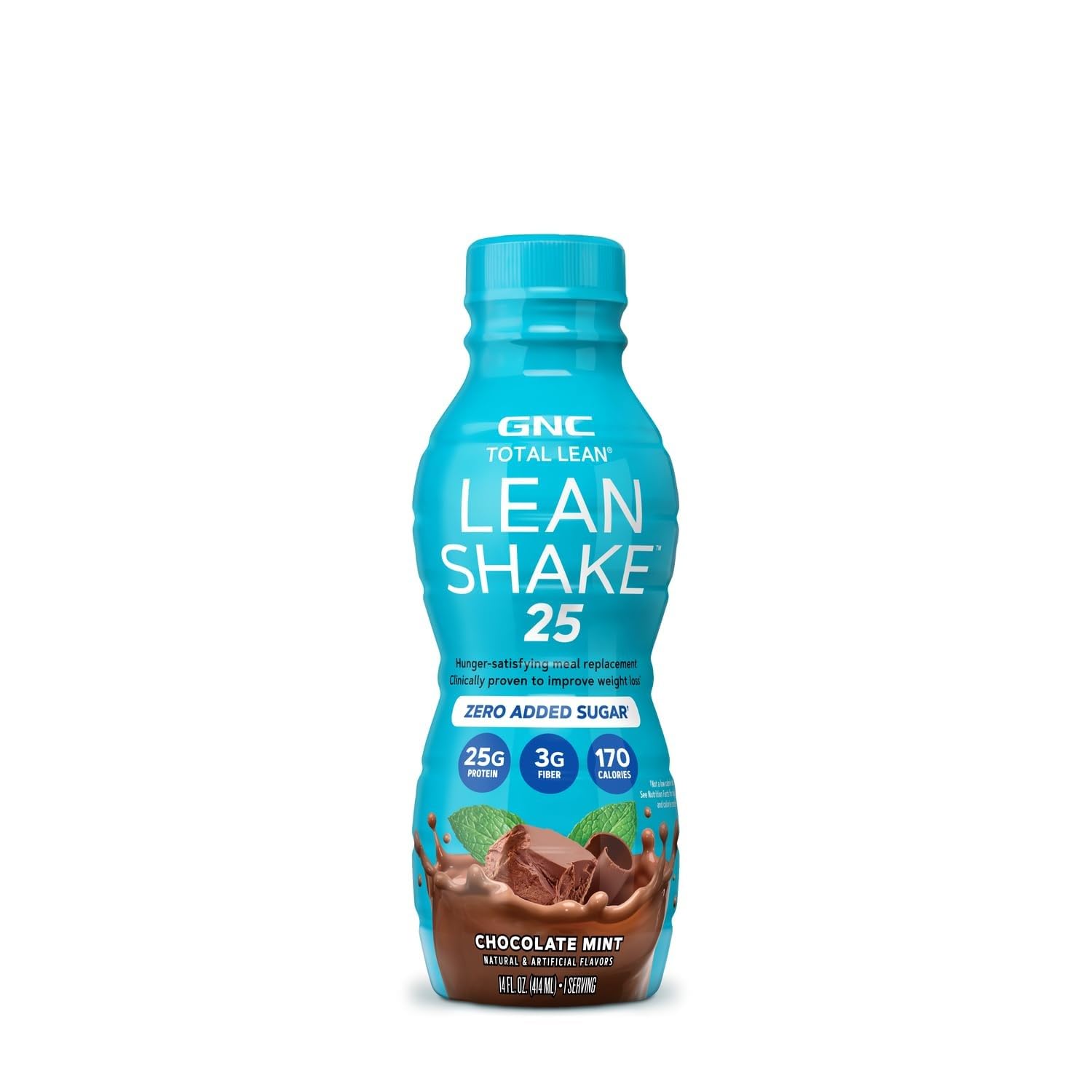 GNC Total Lean boisson protéinée chocolat menthe, panneau nutrition: 25 g de protéines par portion.