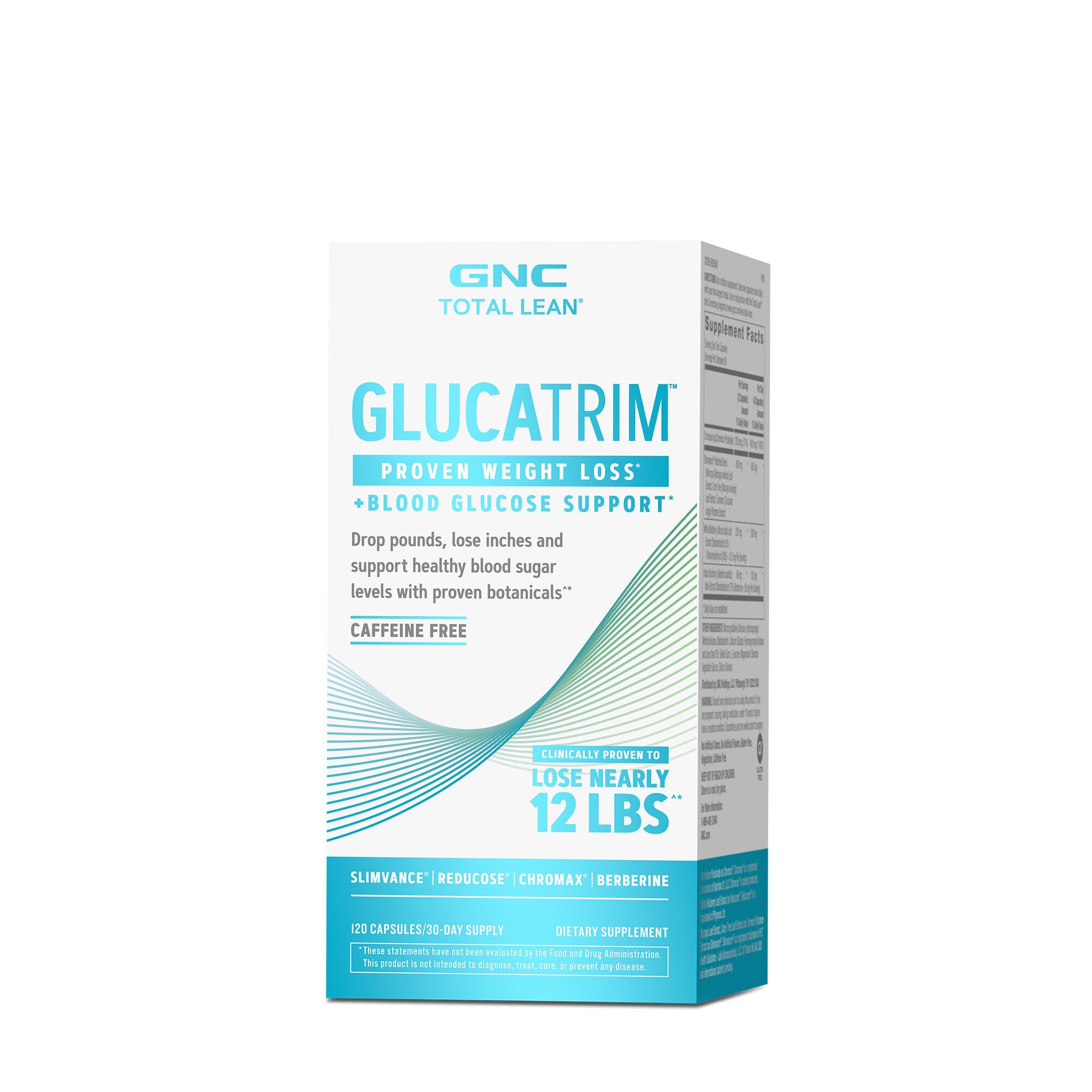 GNC Total Lean GlucaTrim bouteille et prise, pratique à emporter dans la routine.