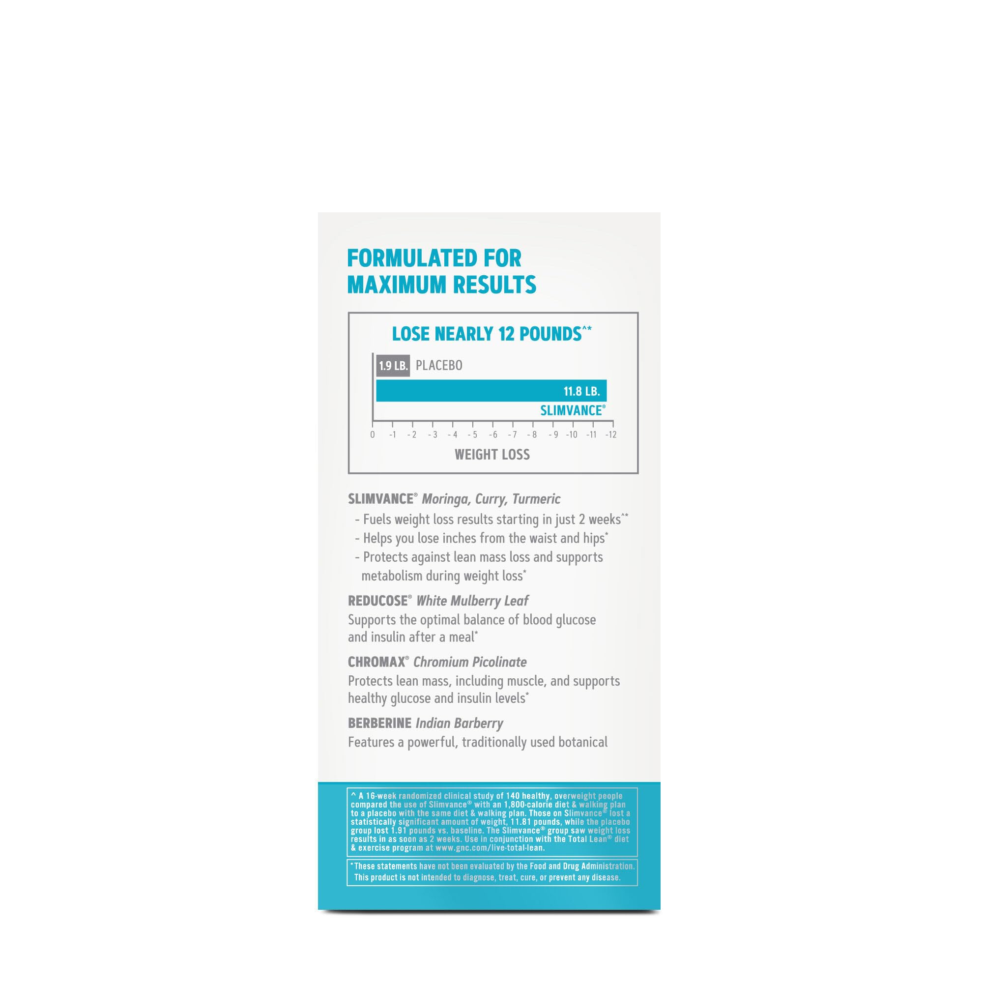 GNC Total Lean GlucaTrim étiquette-produit, claire sur les ingrédients et les usages.