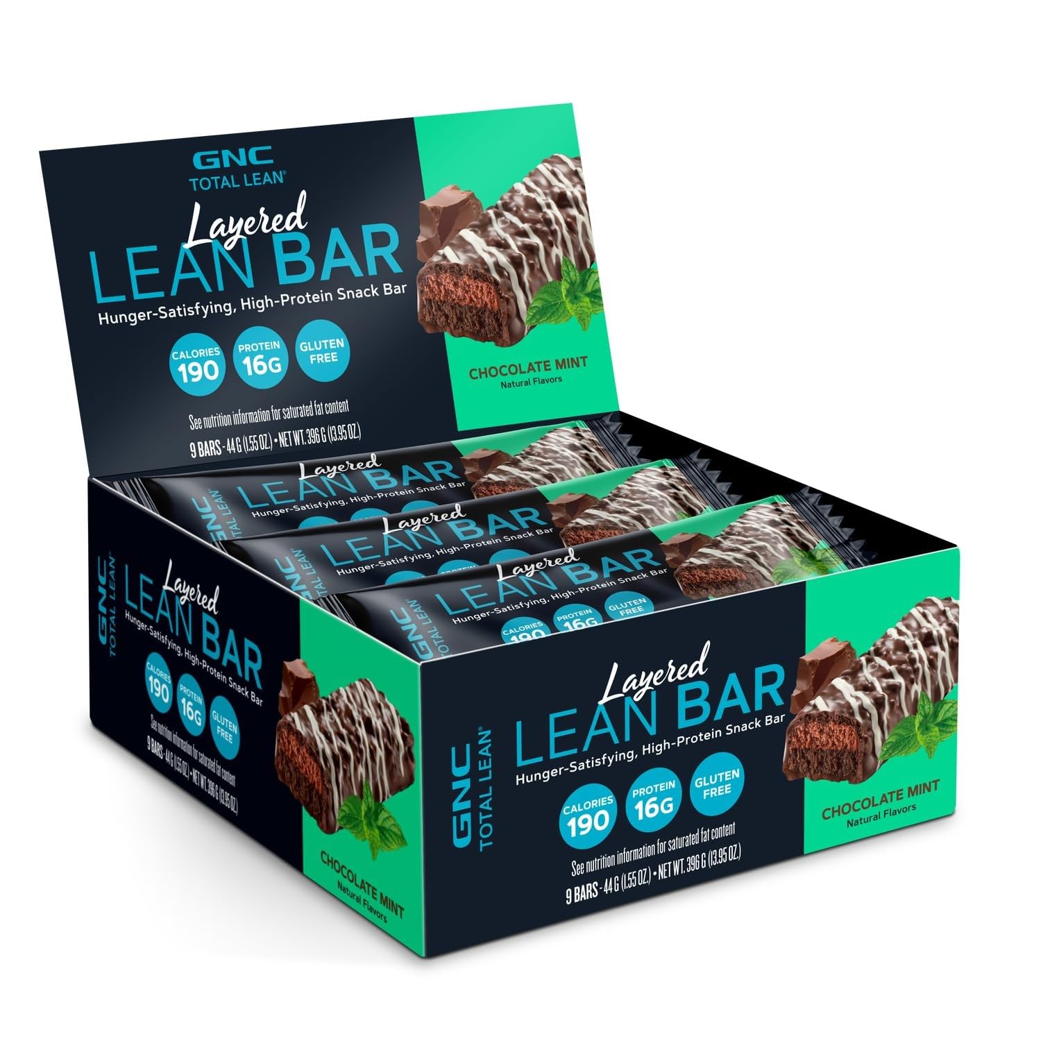 Barre GNC Total Lean Layered Lean Bar Chocolat Menthe emballage prêt à consommer, collation protéinée.