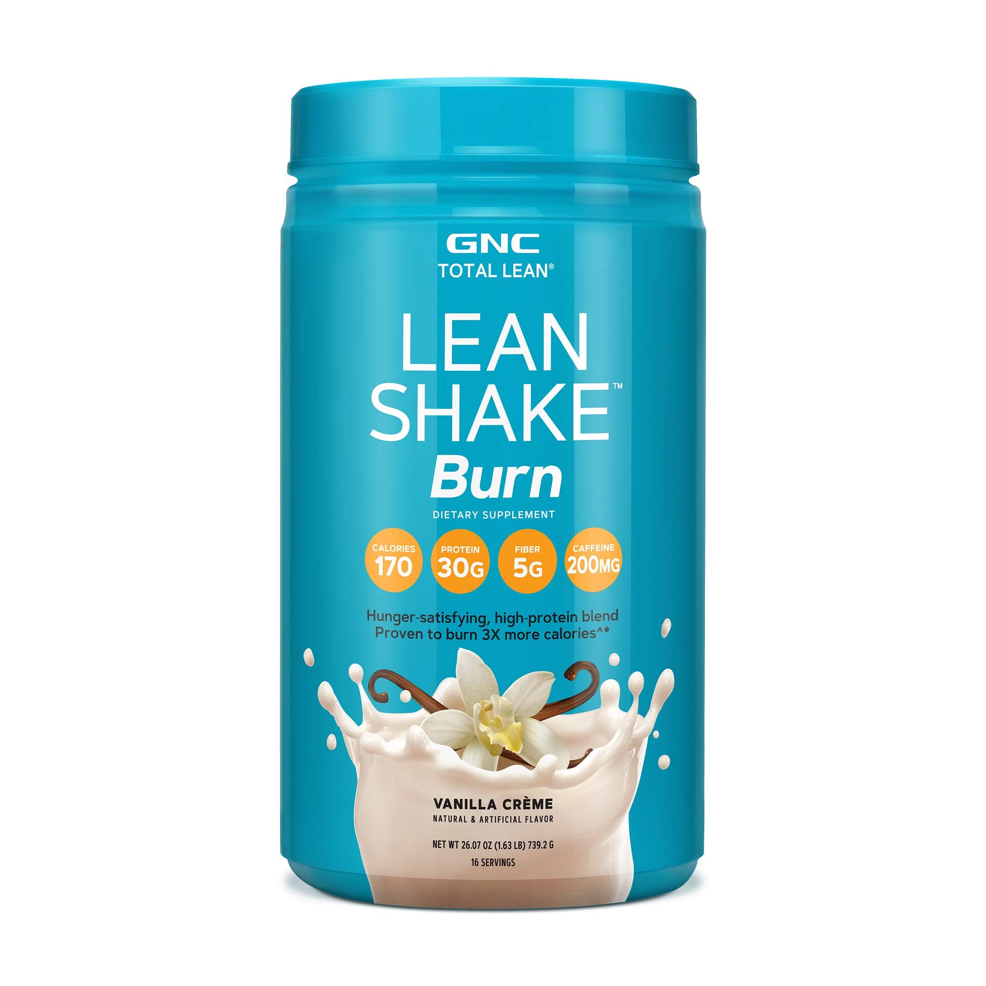 GNC Total Lean Lean Shake Burn Vanilla Creme : bouteille montrant sa formule protéinée.