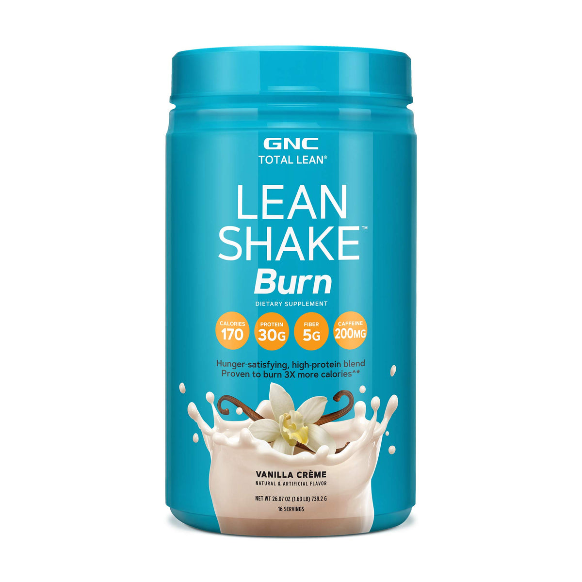 GNC Total Lean Lean Shake Burn Vanilla Creme : bouteille montrant sa formule protéinée.