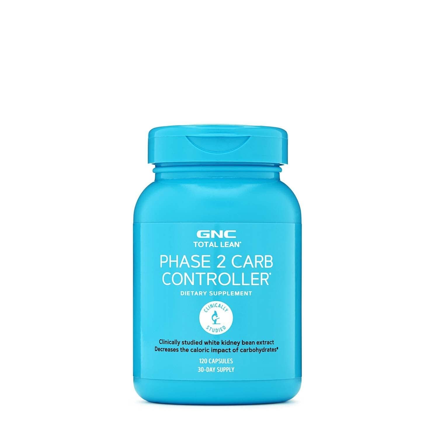 GNC Total Lean Phase 2, bouteille de capsules, soutien potentiel au contrôle des glucides après les repas.