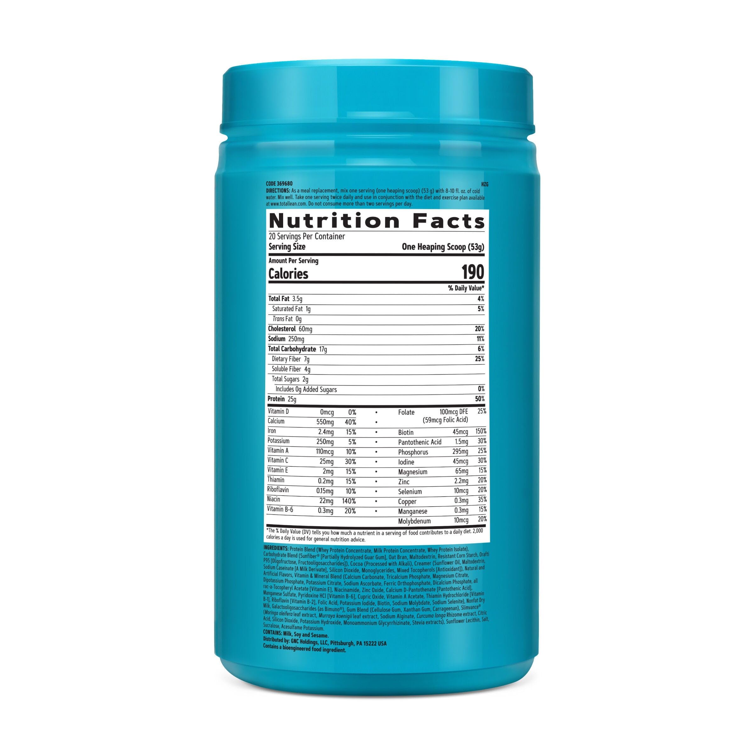 GNC Total Lean poudre chocolat beurre de cacahuète prête à être mélangée pour un shake protéiné.