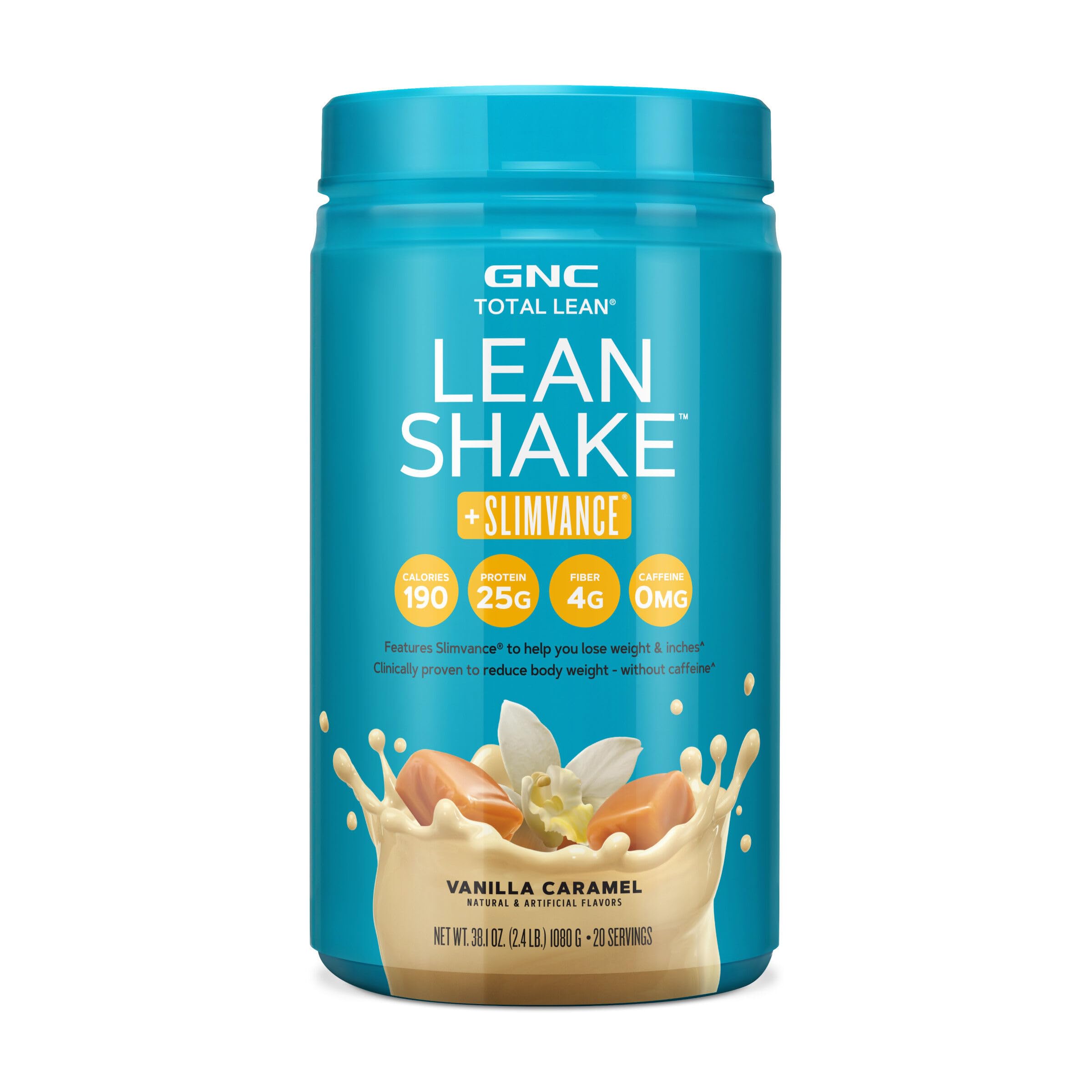 GNC Total Lean Vanille Caramel dans la bouteille, soutien potentiel au contrôle du poids.