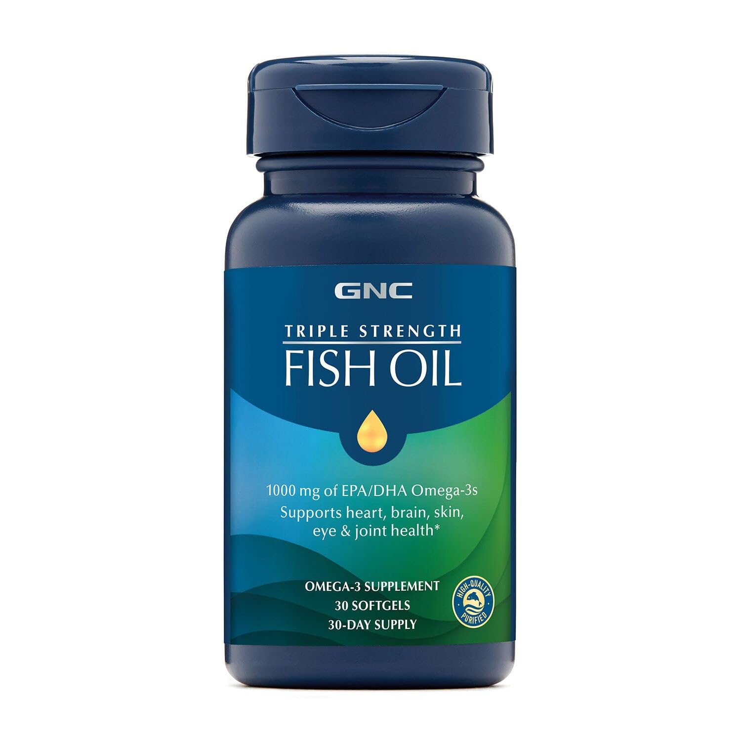 GNC Triple Strength Huile Poisson: bouteille vue de face, bénéfice potentiel cœur