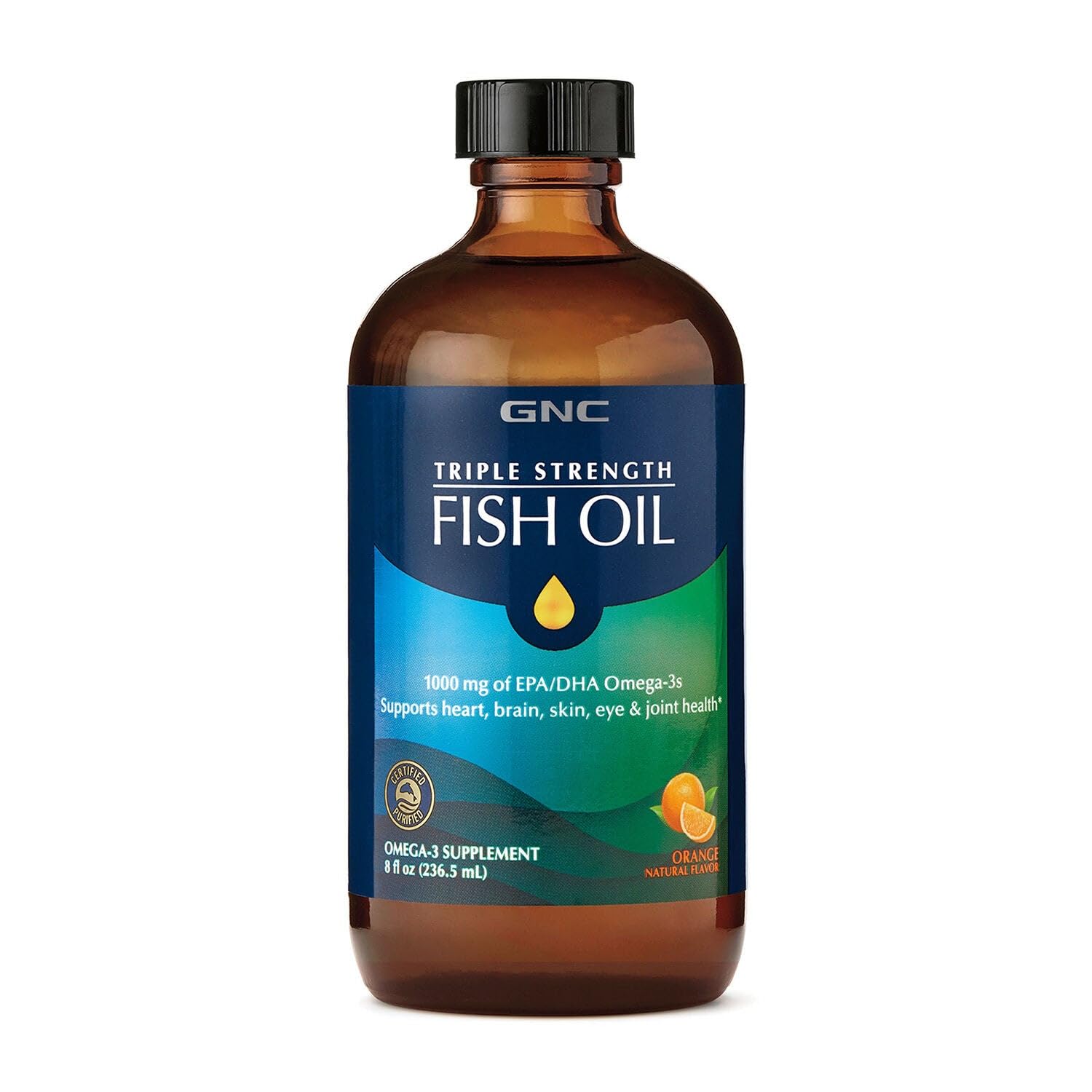 GNC huile poisson liquide en flacon prêt à mesurer pour oméga-3.