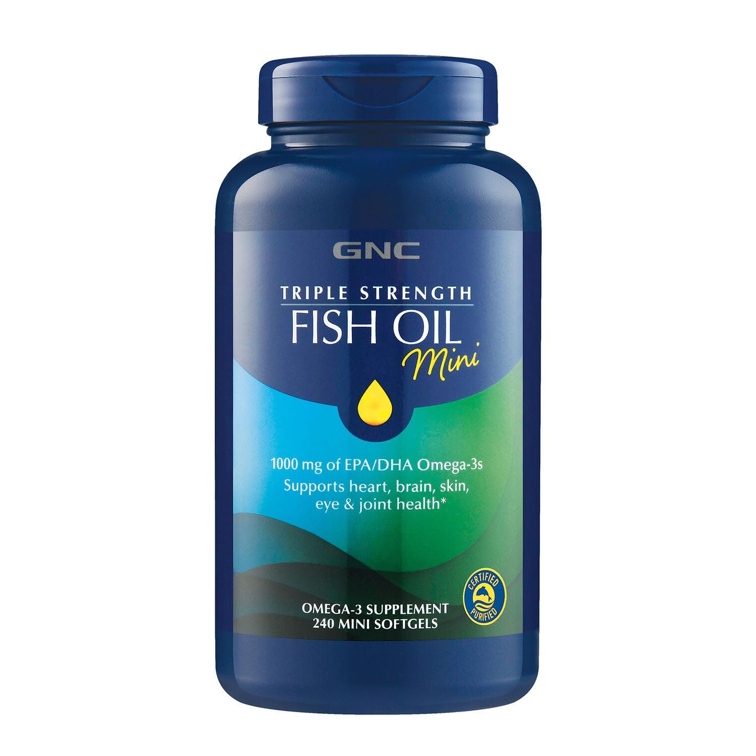 GNC Triple Strength Huile Poisson Mini: bouteille compacte facilitant l'apport quotidien en oméga-3.