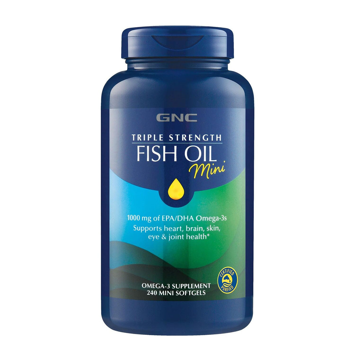 GNC Triple Strength Huile Poisson Mini: bouteille compacte facilitant l'apport quotidien en oméga-3.