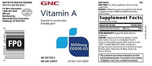 GNC Vitamin A 3000mcg, capsule quotidienne, contribue à la santé des yeux et de la peau.