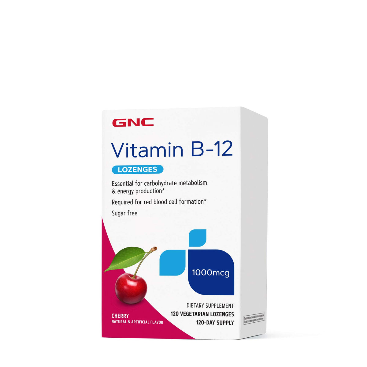 Boîte GNC Vitamine B-12 cerise, emballage clair et pratique pour votre routine quotidienne.