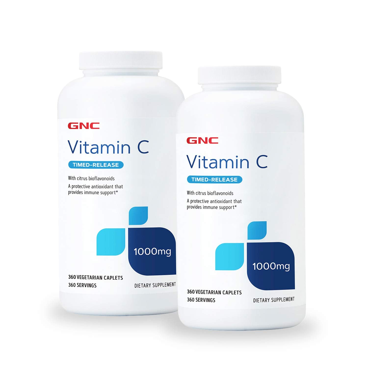 GNC Vitamine C 1000 mg, double pack, bouteille pour soutien immunitaire potentiel.