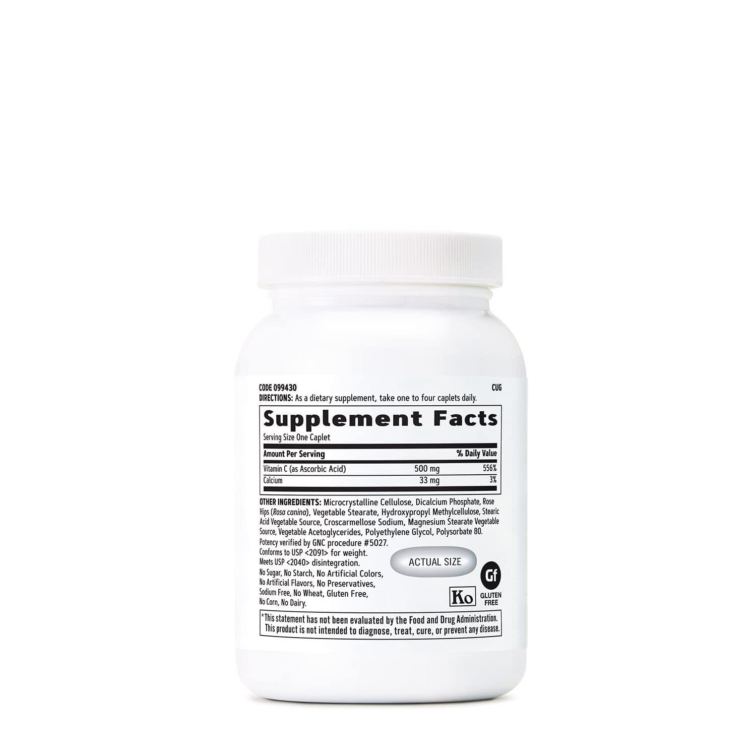GNC Vitamine C 500 mg, emballage, sans sucre ni colorants artificiels