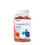 GNC Vitamin D-3 Gummies: goût pêche et fruits rouges, soutien immunitaire quotidien.