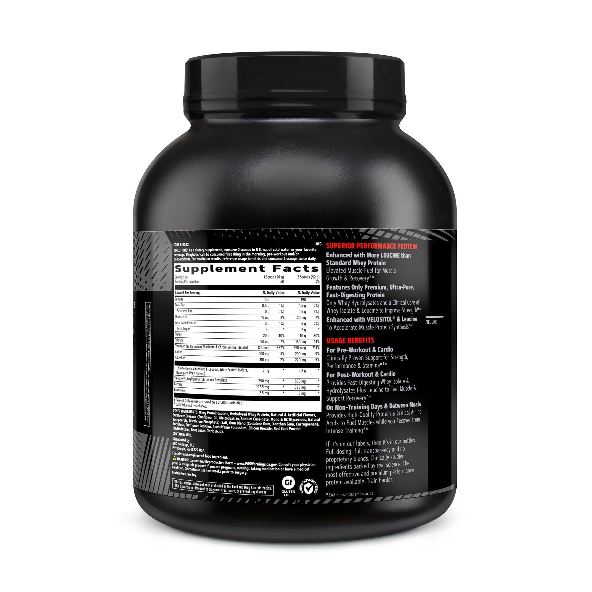 GNC Wheybolic emballage bouteille affichant sans gluten et test tiers.