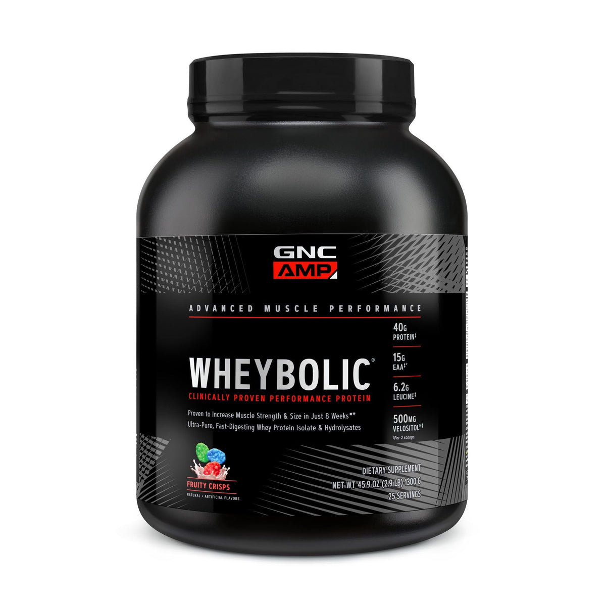 GNC Wheybolic poudre-protéine saveur fruits croquants pour prise de masse.