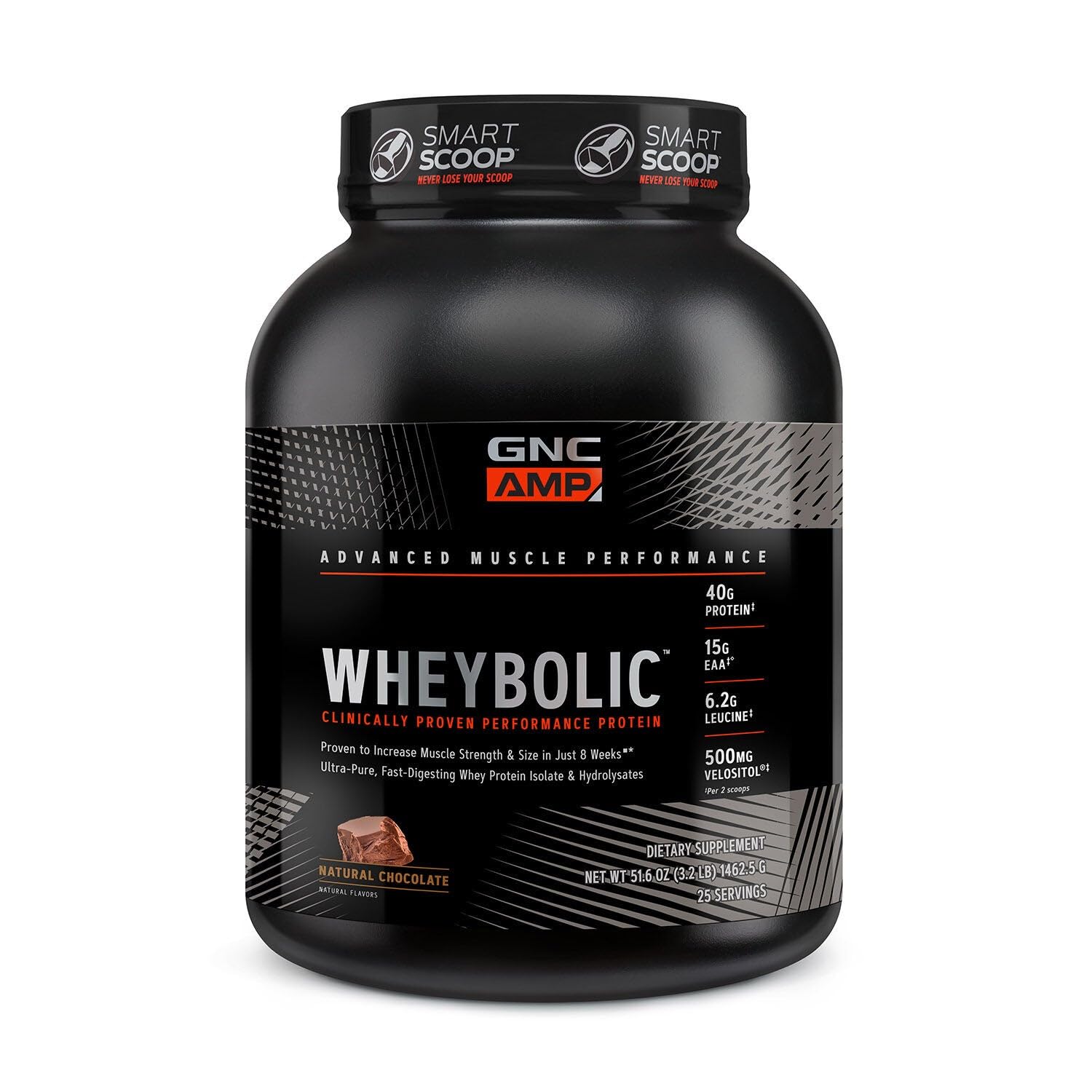 GNC Wheybolic: poudre-protéine montrant la base whey et les BCAA pour récupération potentielle.