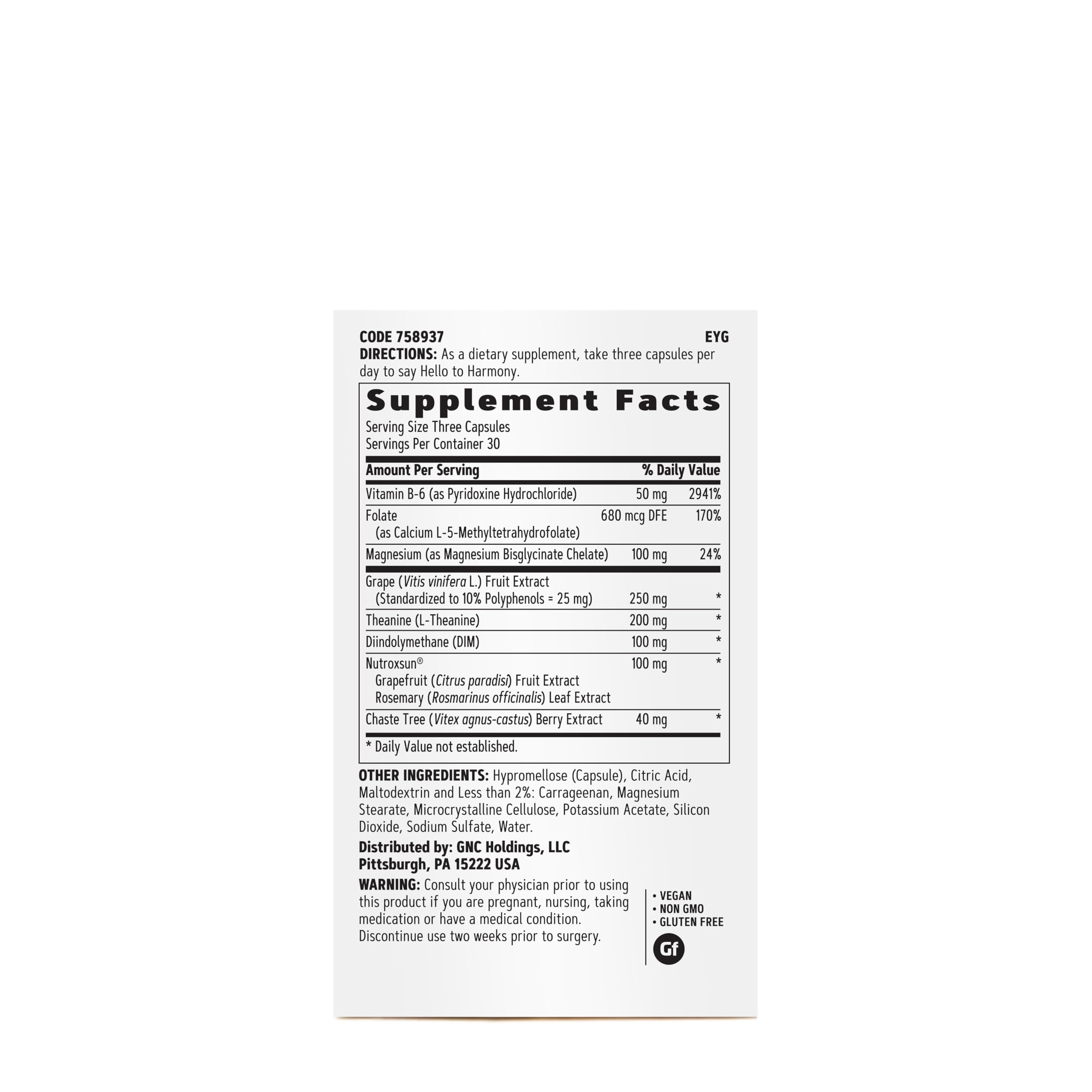 GNC Hello Harmony – Étiquette bien en vue avec les ingrédients.