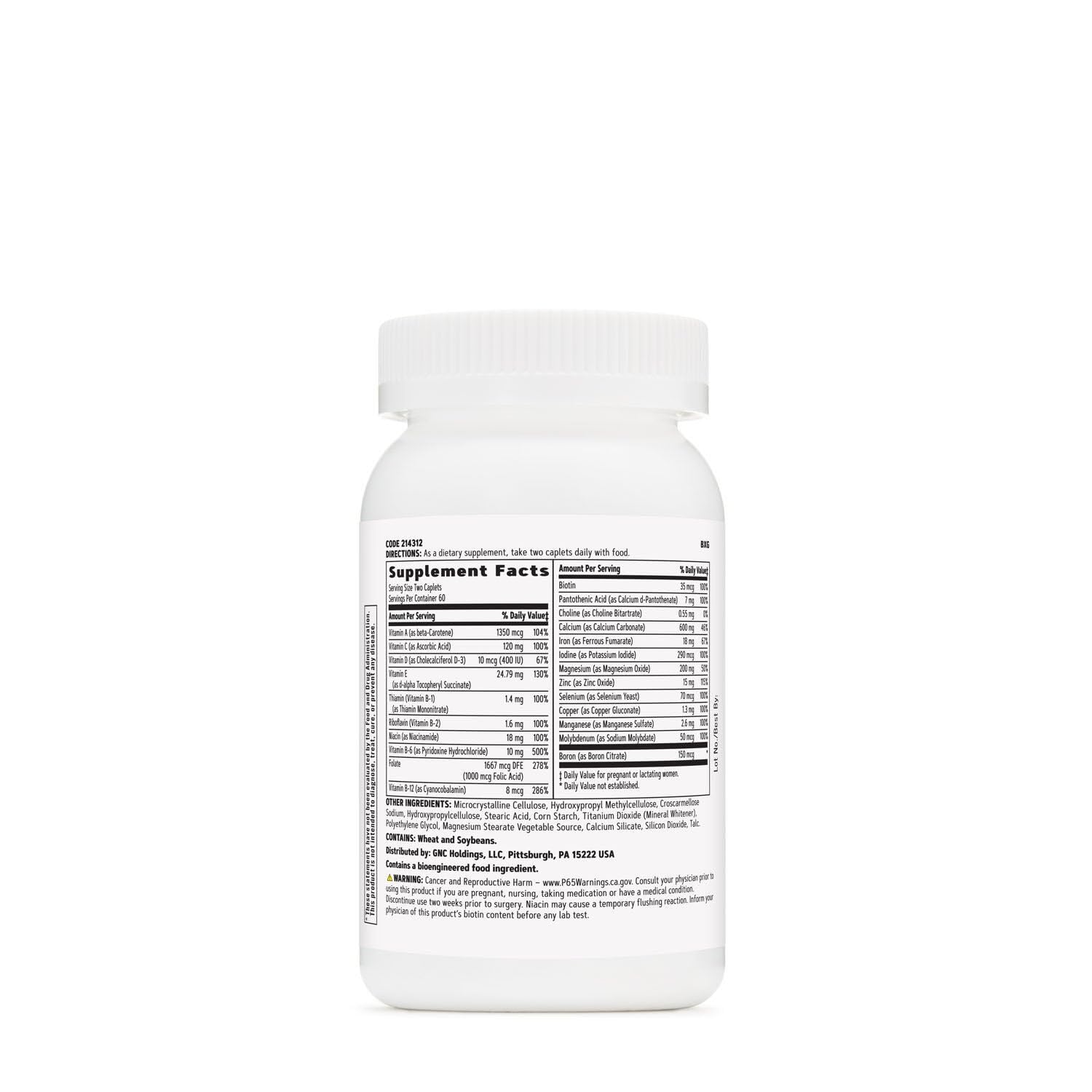GNC prénatal femmes, caplets visibles, rappel des nutriments essentiels.