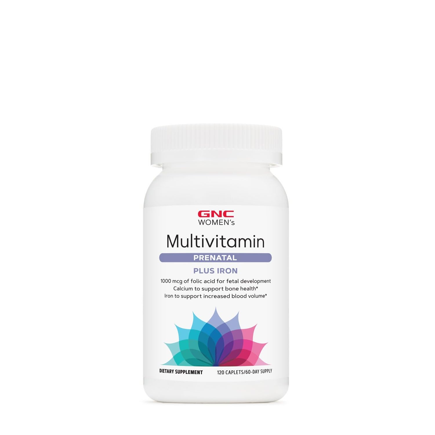 GNC prénatal femmes, zoom caplets, fer et acide folique en évidence.