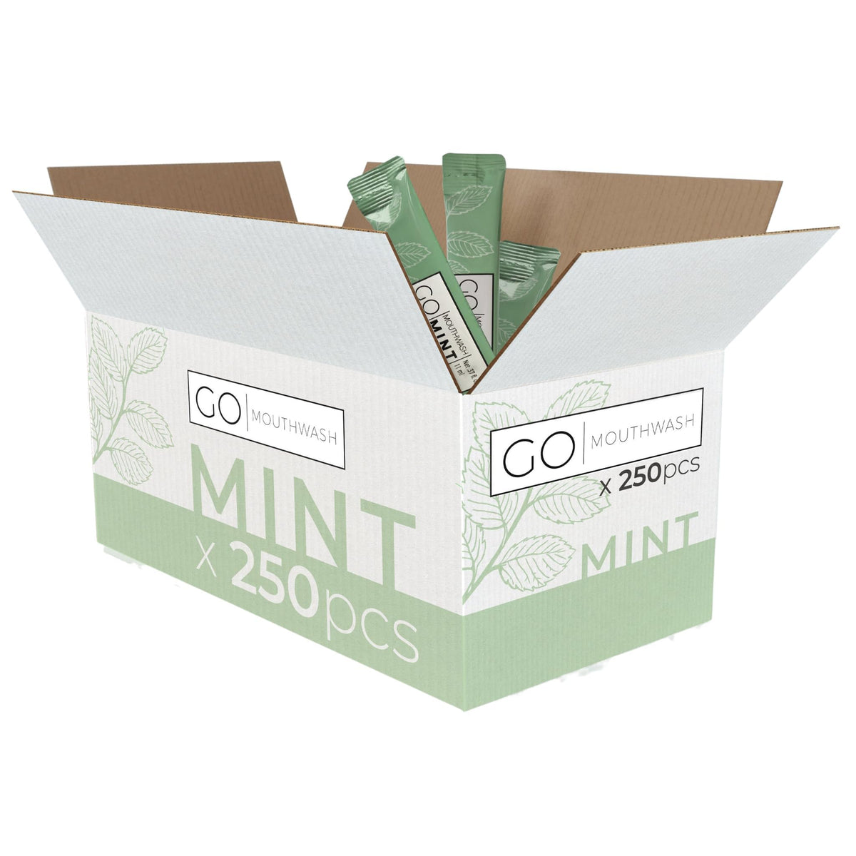 Go Essentials rince-bouche menthe en paquets individuels, pratique et frais.