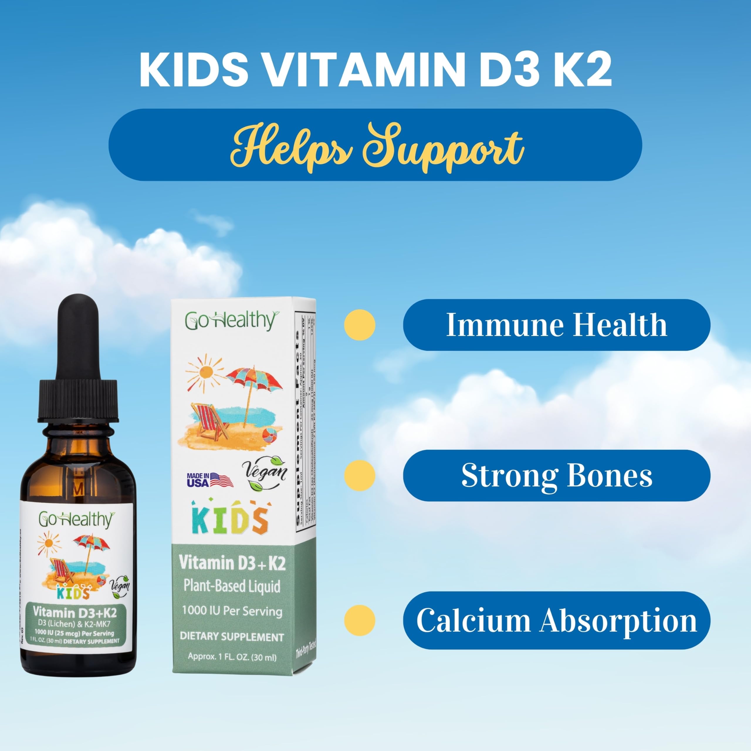 Go Healthy Natural D3 K2 MK7, formule végane pour enfants, bien-être quotidien
