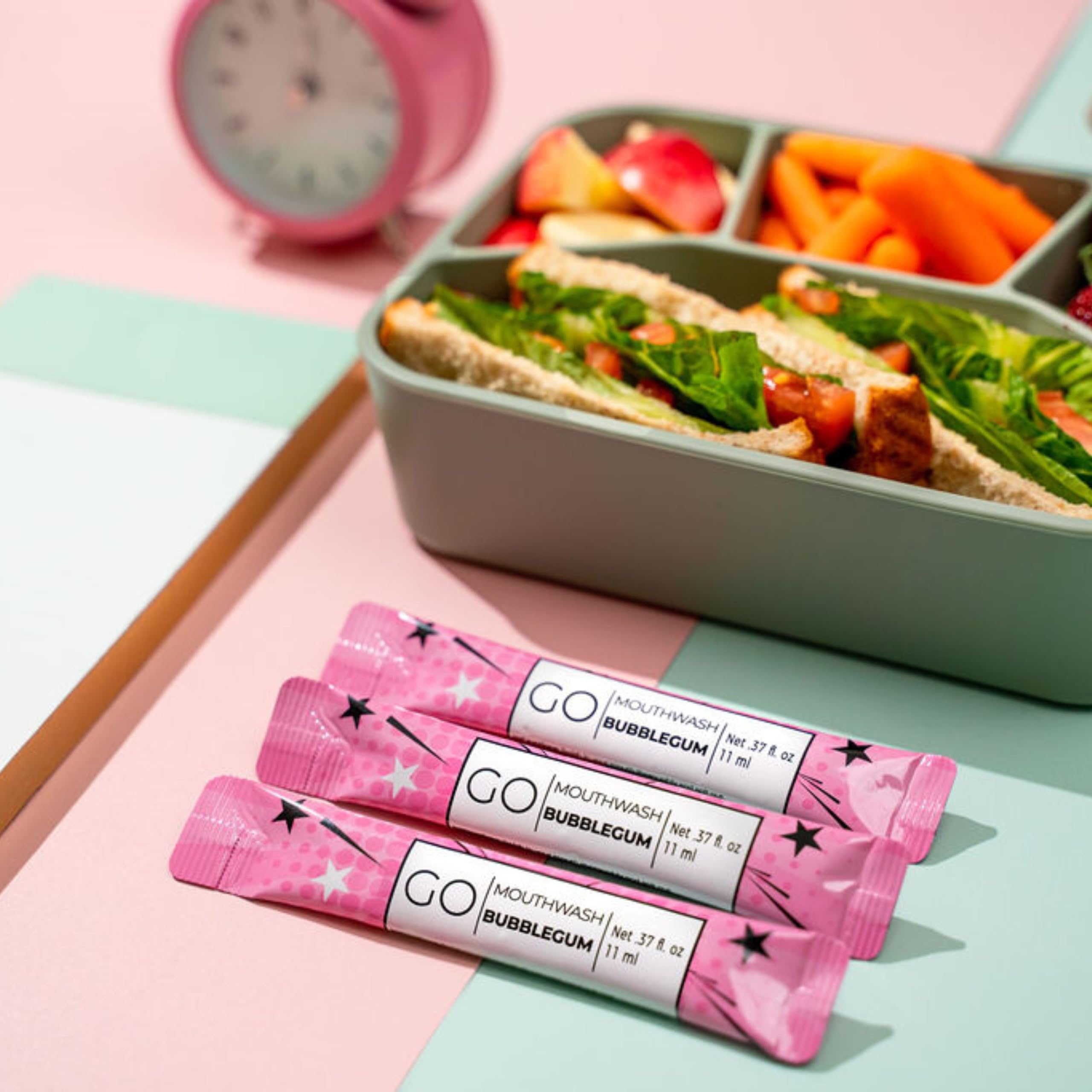 Go Mouthwash sachets bubblegum convenant aux enfants et adultes.