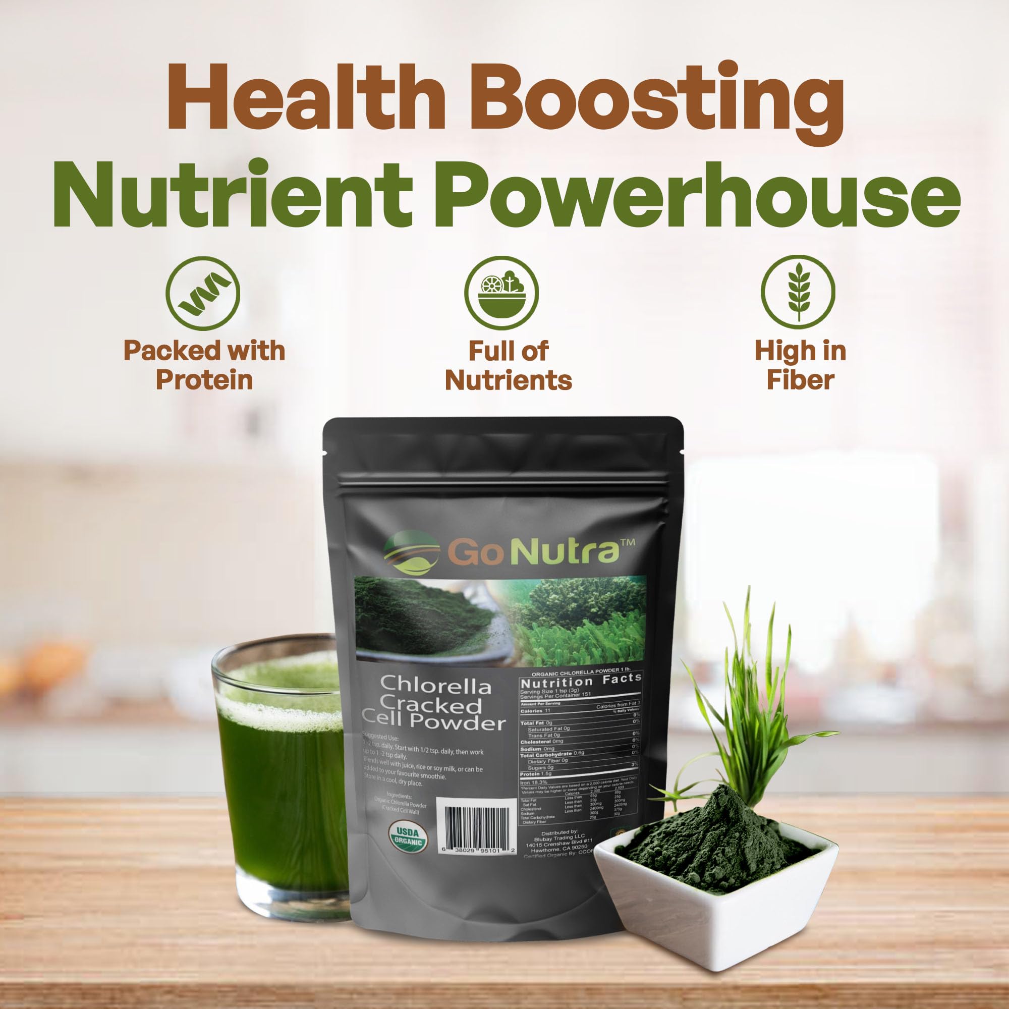Go Nutra Chlorella poudre verte, cellules cassées pour meilleure assimilation.