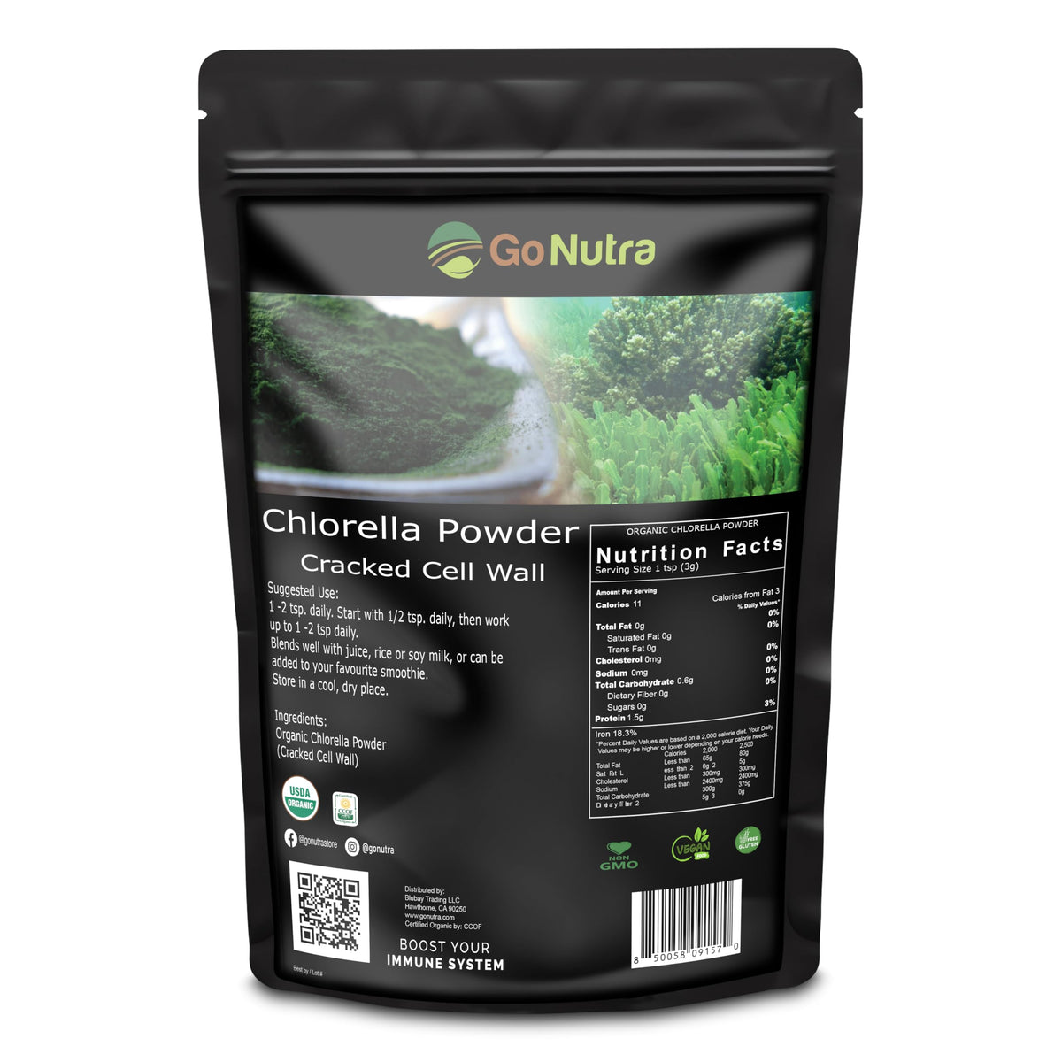 Go Nutra Chlorella poudre verte crue, riche en nutriments pour énergie naturelle.