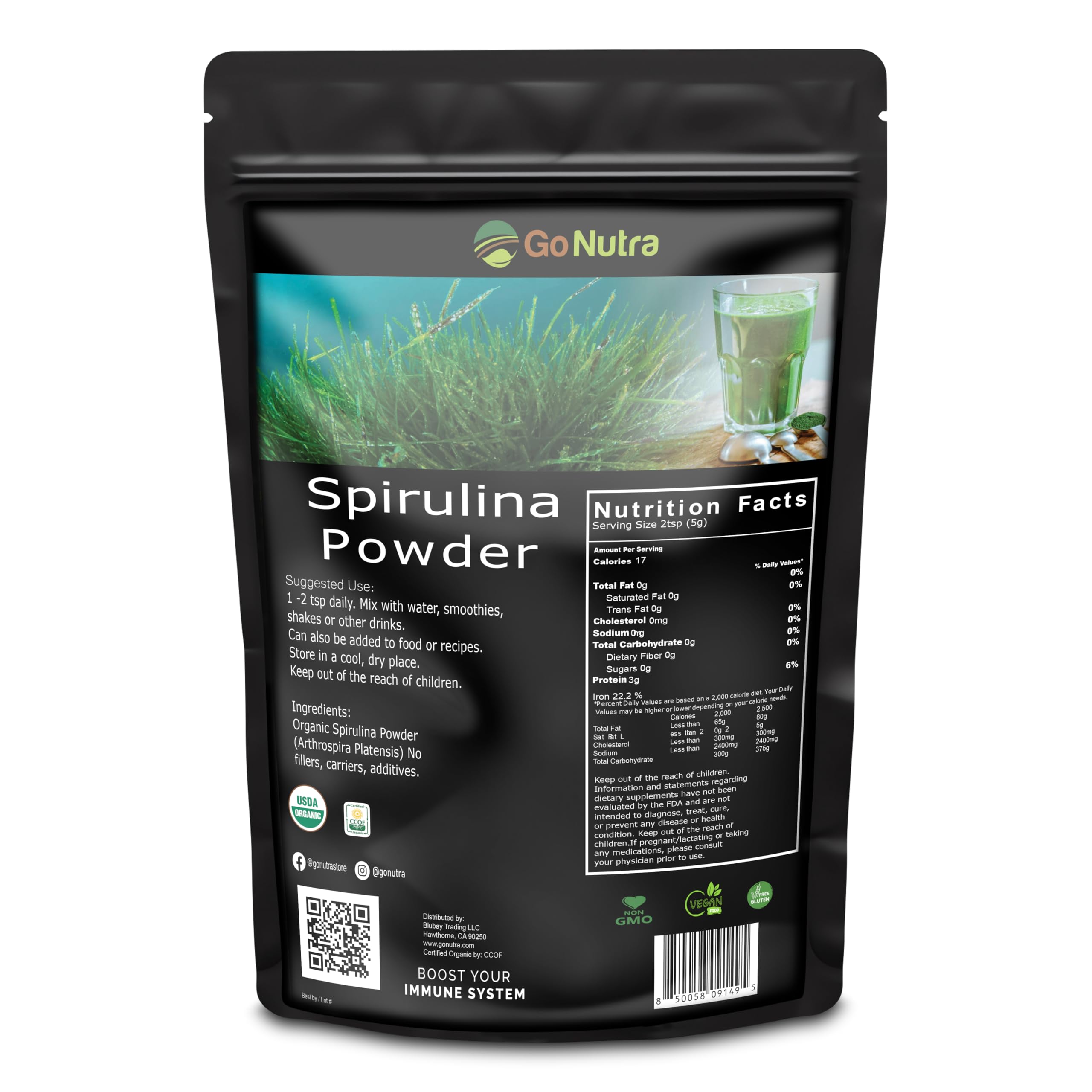 Go Nutra Spiruline en poudre bio, parfait pour l'apport protéique et antioxydant.