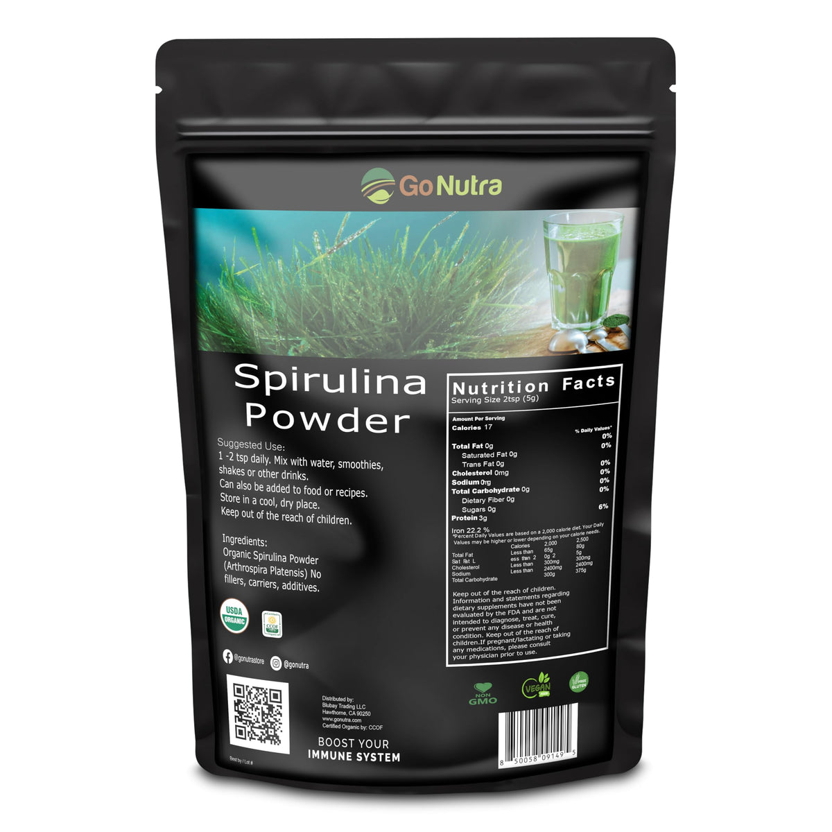 Go Nutra Spiruline en poudre bio, parfait pour l'apport protéique et antioxydant.