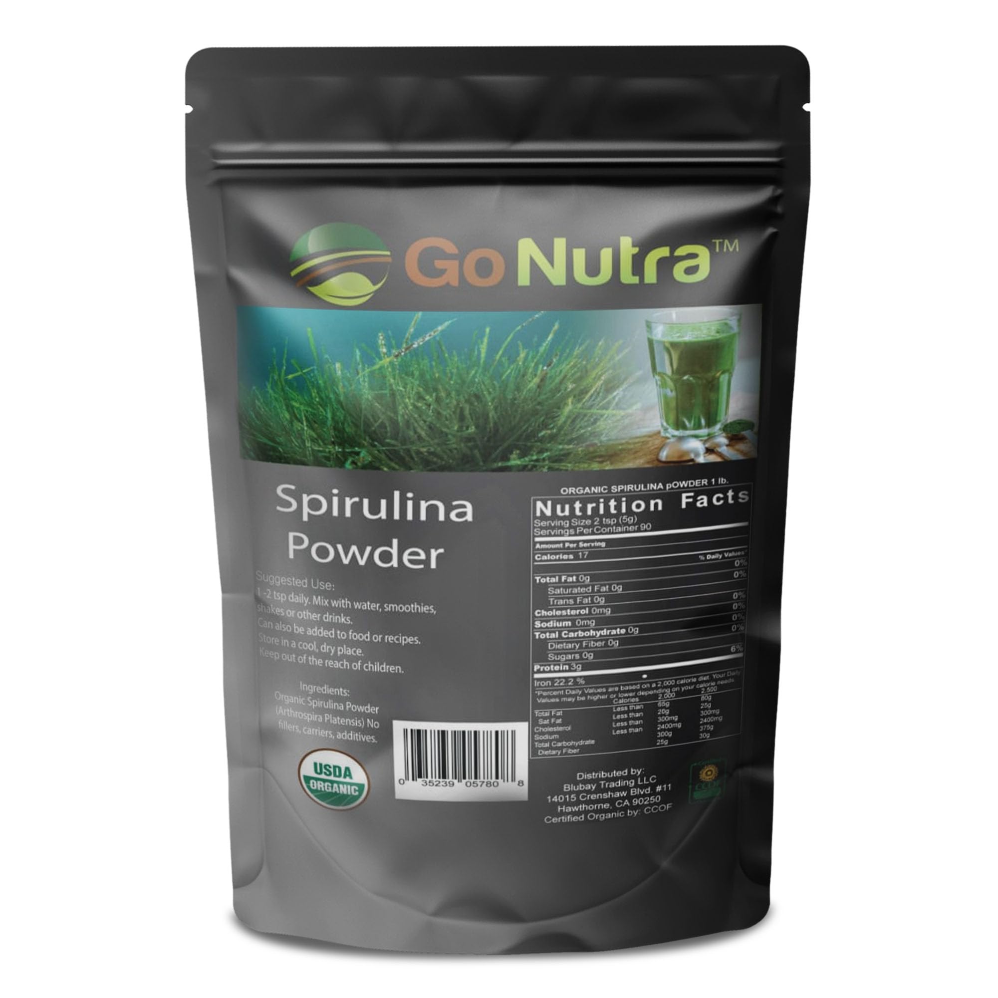 Go Nutra Spiruline poudre sans OGM et sans conservateurs, naturel.