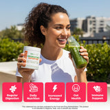 Poudre GOBIOTIX verts et rouges dans un verre, mélange rapide et savoureux.