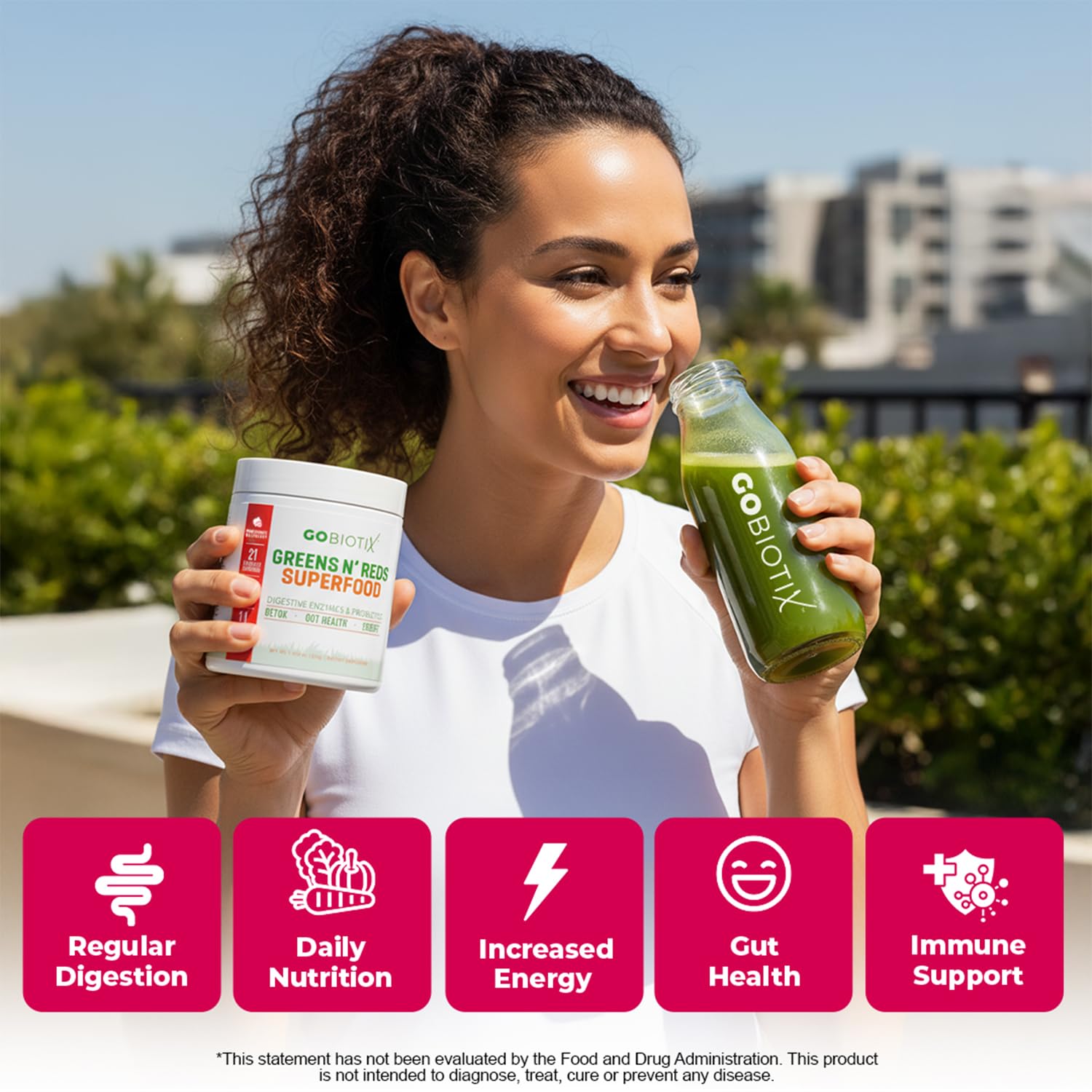 GOBIOTIX Poudre verts et rouges se mélange facilement dans l'eau ou smoothie.