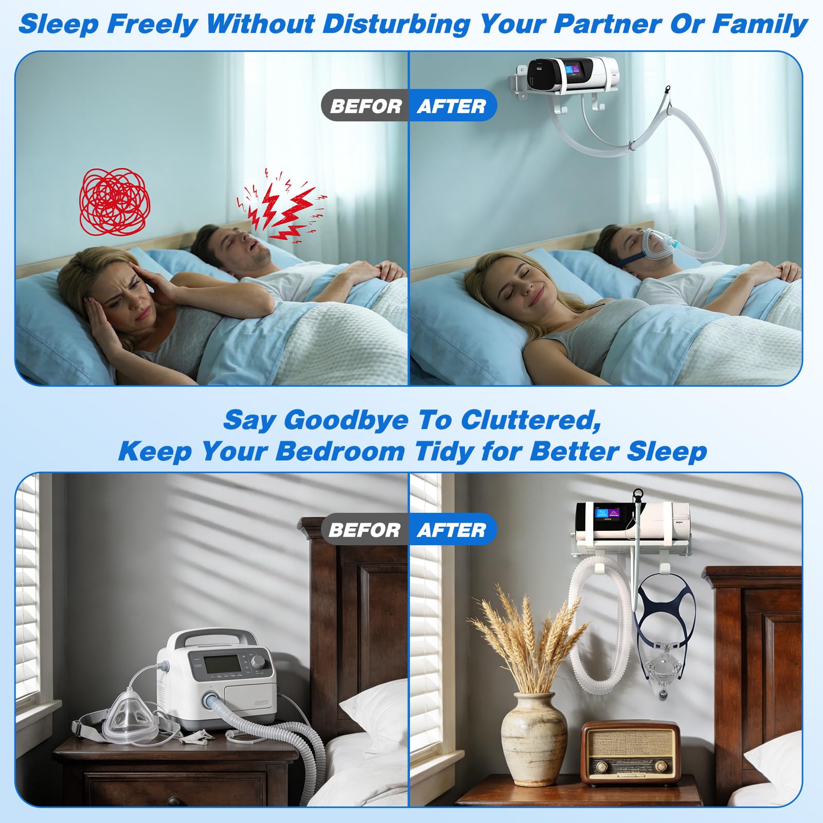 Godboat CPAP: deux accroches pour masque et tube, rangement propre.