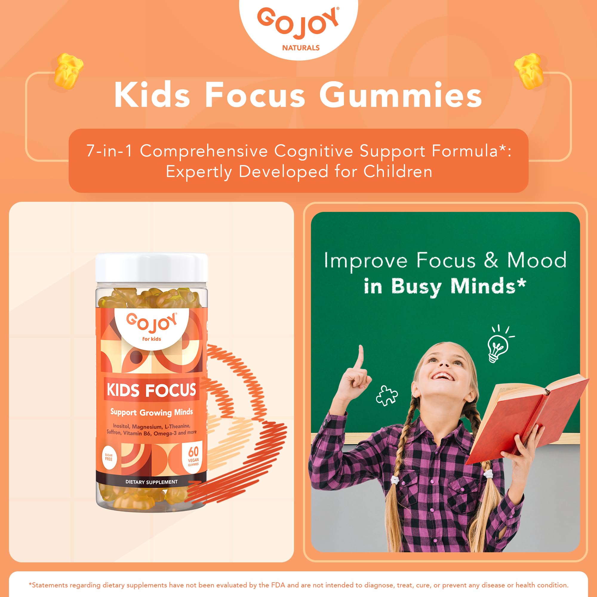 GOJOY NATURALS Gummies pour enfants – enfant prend une gomme pour concentration soutenue.
