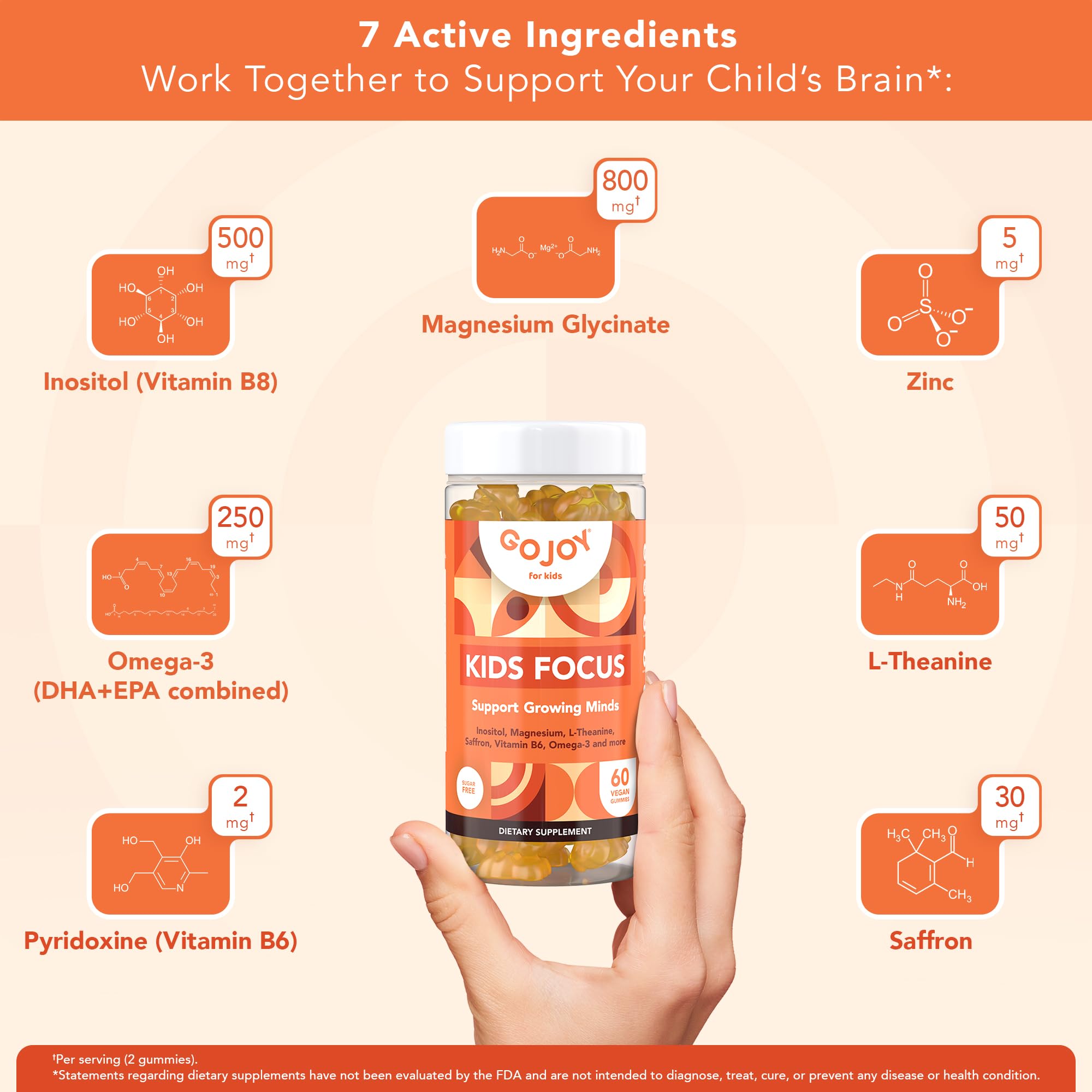 GOJOY NATURALS Gummies L‑Theanine – arôme orange naturel pour calme et concentration.