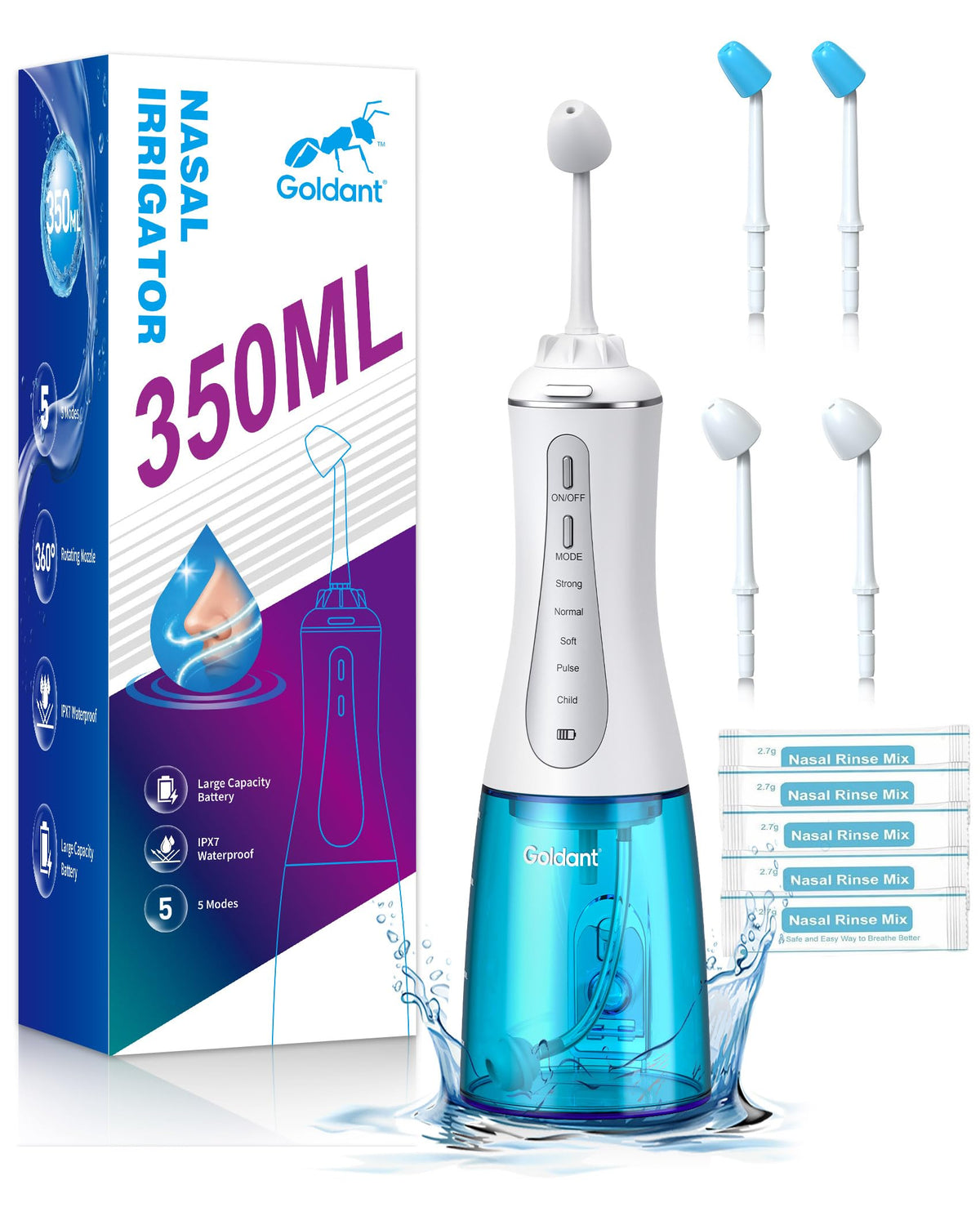 GOLDANT Neti Pot avec réservoir amovible 350 ml pour rinçage nasal fluide