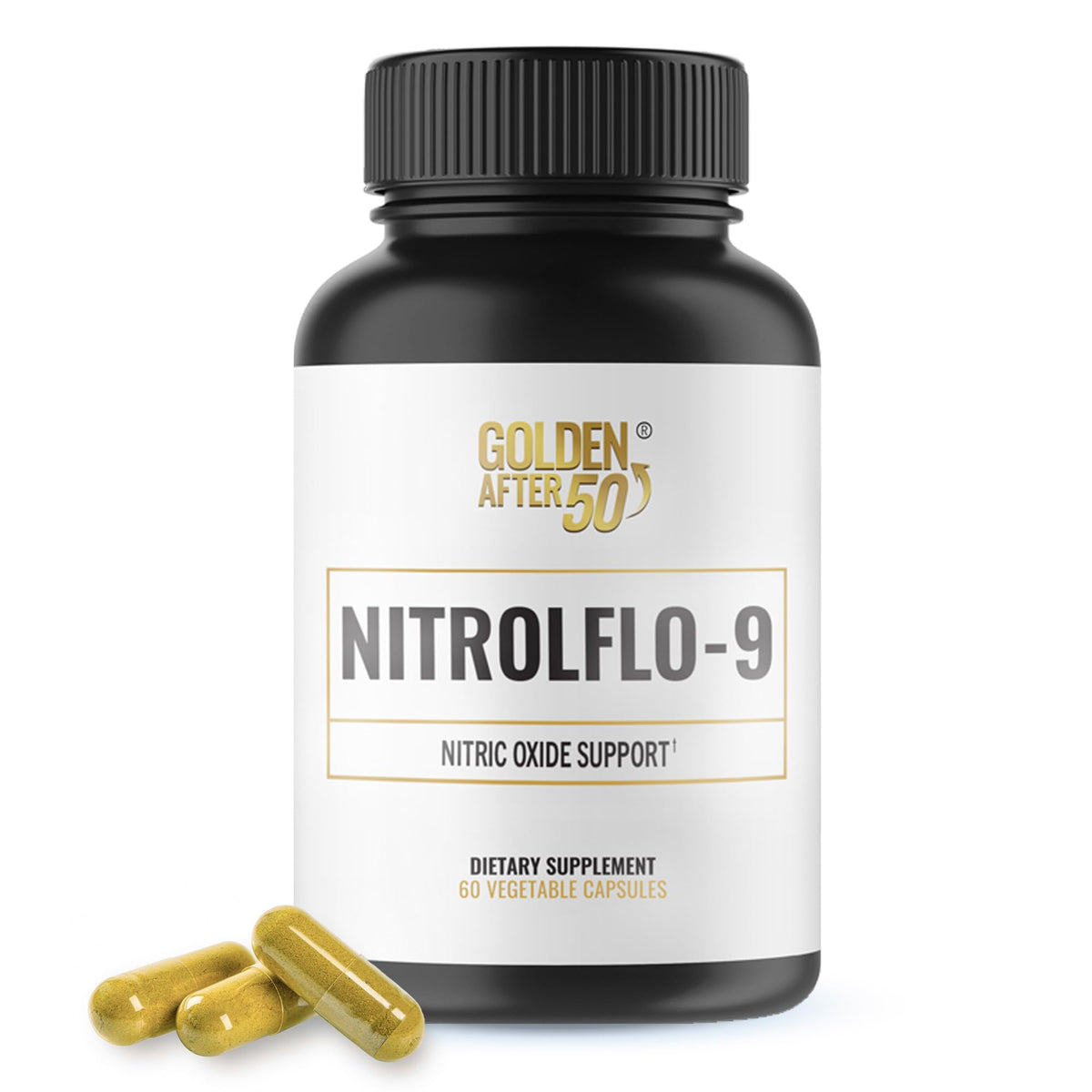 NitrolFlo-9 de Golden After 50, bouteille visible, énergie potentielle durable.