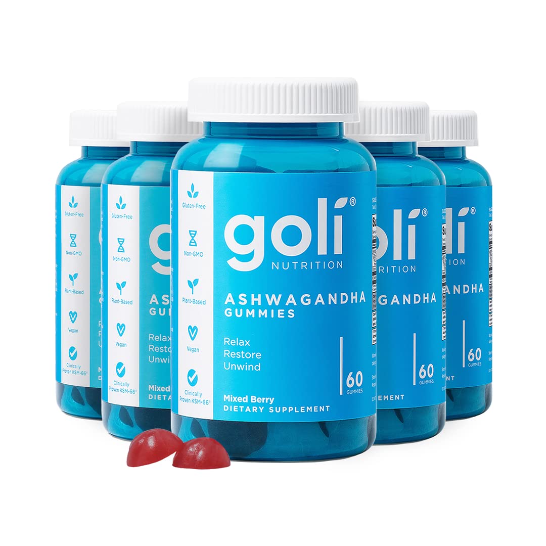 Goli Ashwagandha Gummi en bouteille, 60 gommes, pratique pour votre routine quotidienne.
