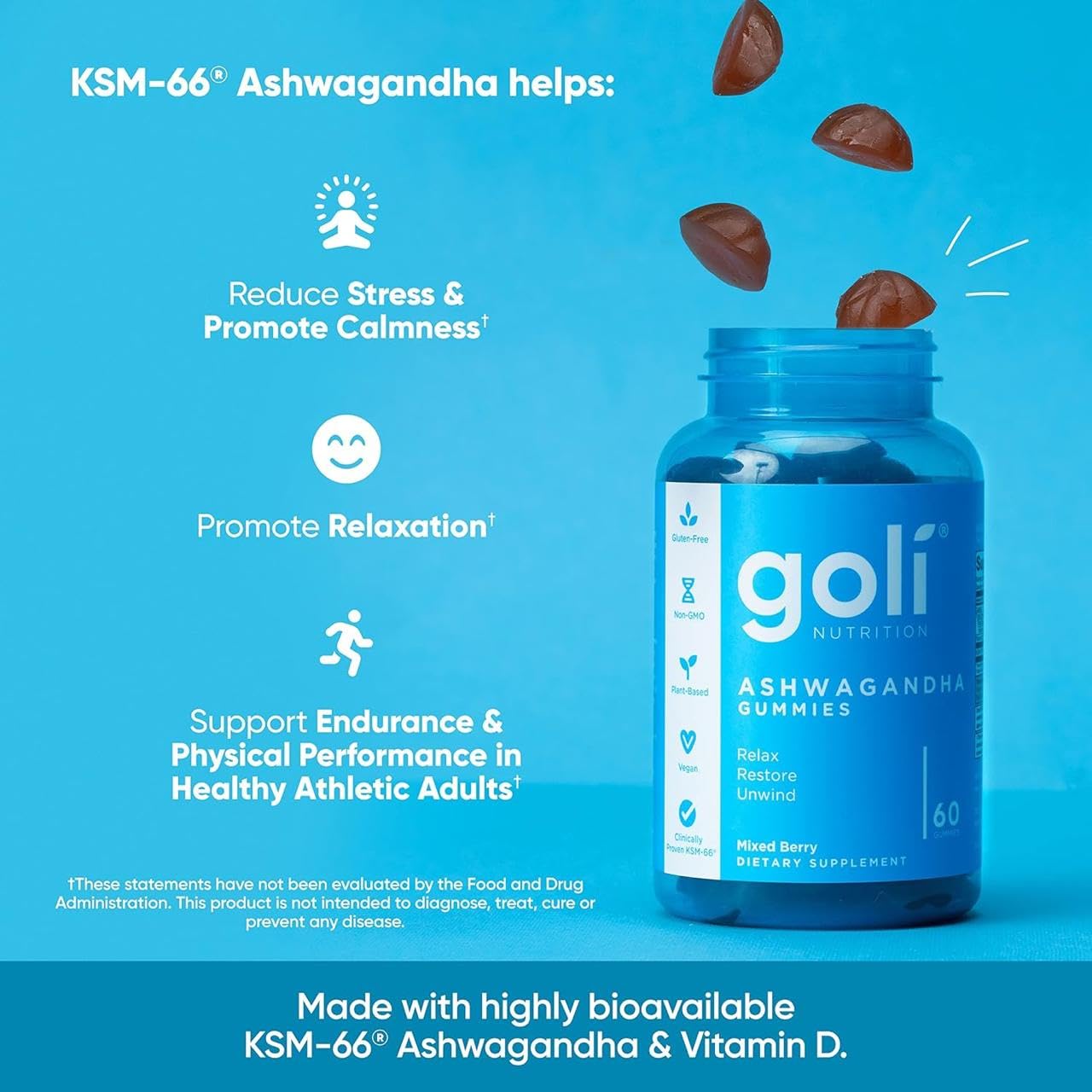 Goli Ashwagandha : ingrédients sans OGM et sources mondiales.