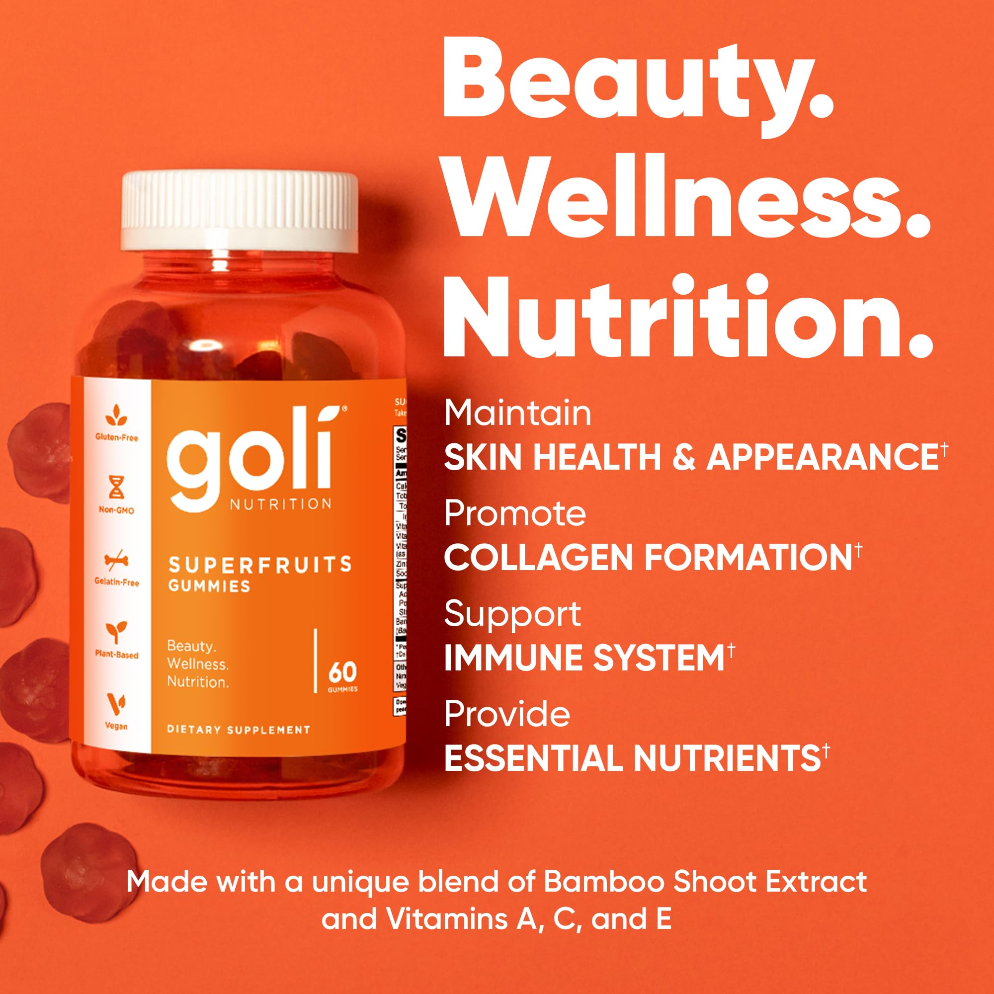Goli Superfruits Gummies, ingrédients-clefs et antioxydants pour la peau.