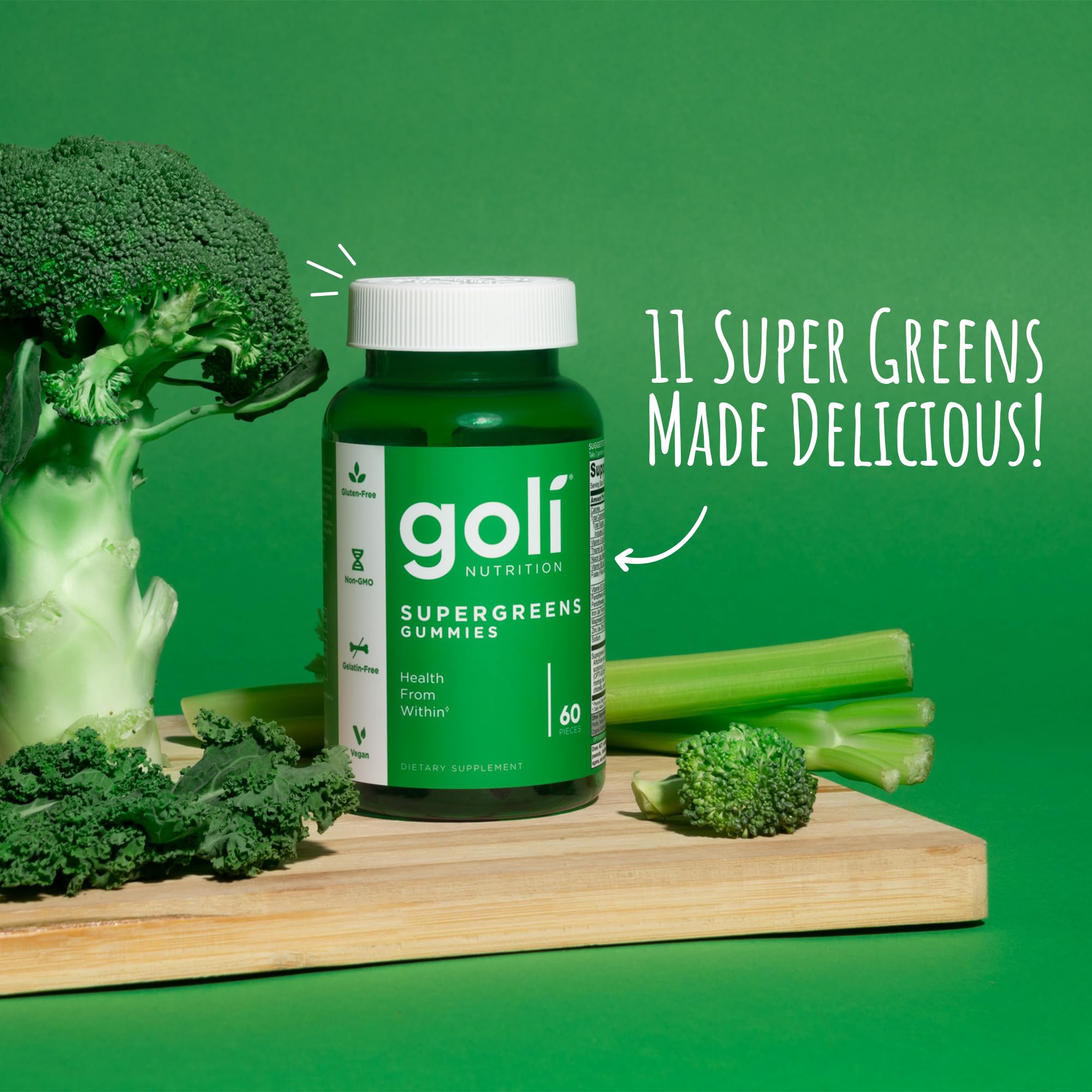 Goli Supergreens gommes chou frisé et feuilles vertes, énergie naturelle au quotidien
