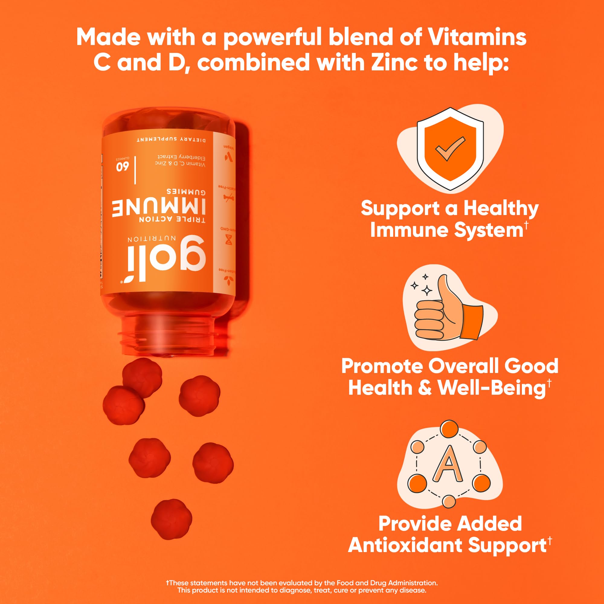 Goli Triple Action Immunité Gummies — etiquette claire sur ingrédients.
