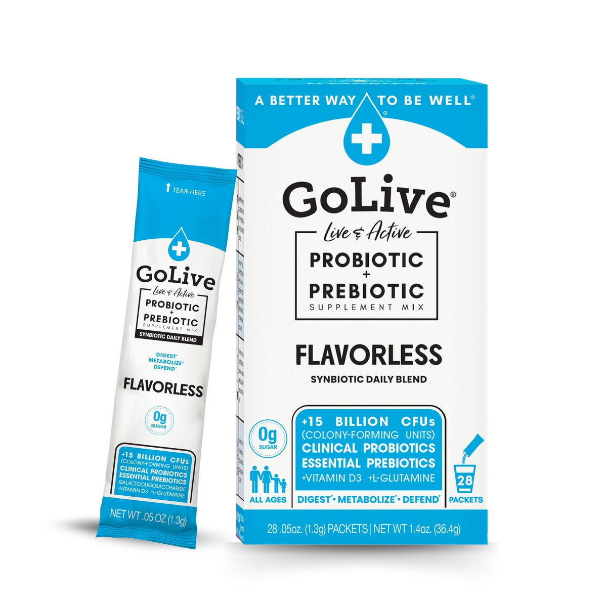 GoLive synbiotique en poudre neutre, facile à mélanger dans une boisson quotidienne.