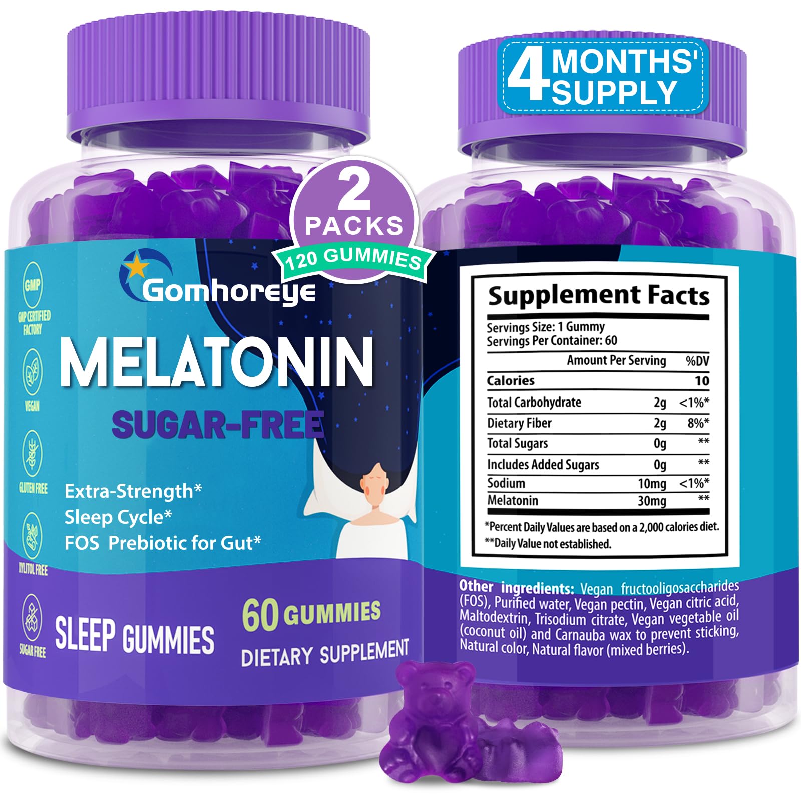 Gomhoreye Mélatonine Gummies 30 mg, bouteille, endormissement naturel et calme.