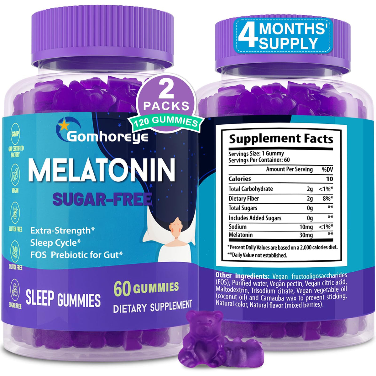 Gomhoreye Mélatonine Gummies 30 mg, bouteille, endormissement naturel et calme.