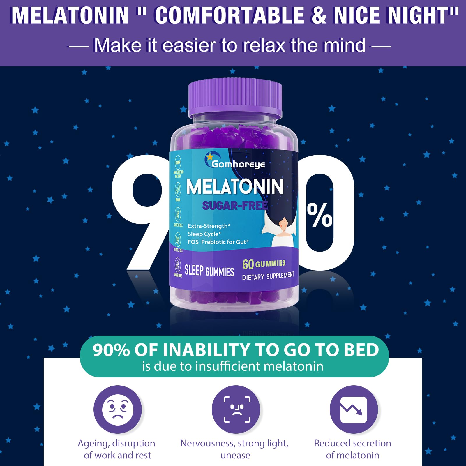 Gomhoreye Mélatonine Gummies 30 mg, bouteille prête à l'emploi pour le quotidien.