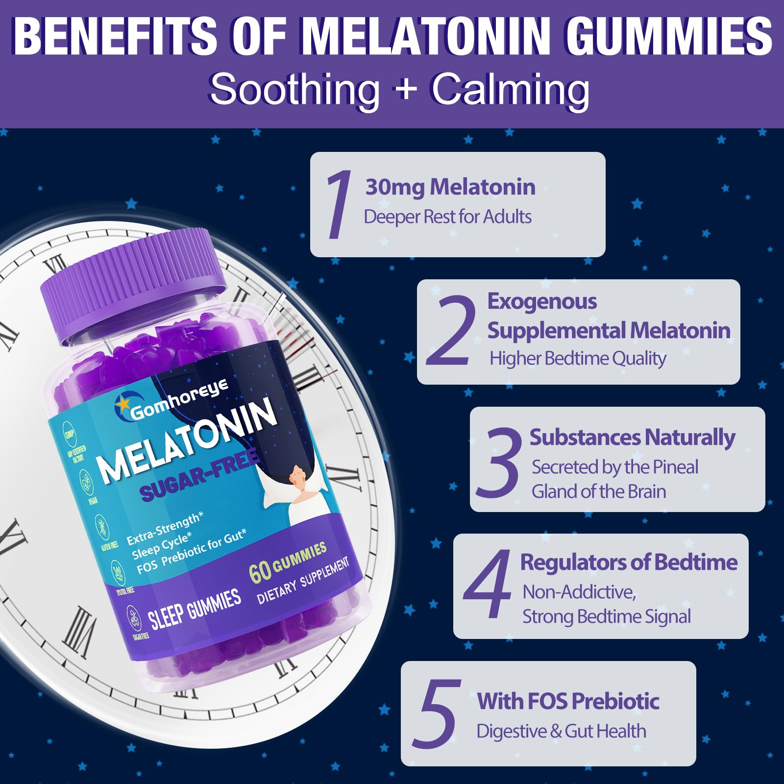Gomhoreye Mélatonine Gummies 30 mg, texture douce et saveur agréable.